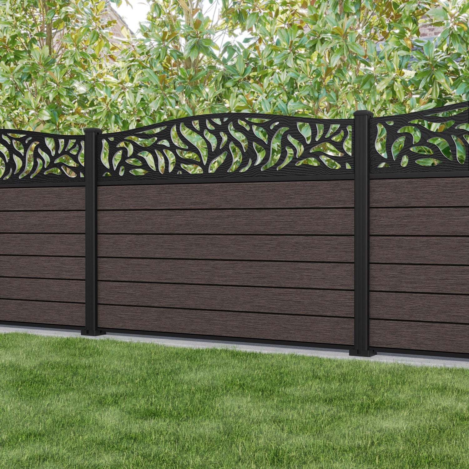 Fusion Plume Curved Top Fence Panel - Mid Brown - with our aluminium posts