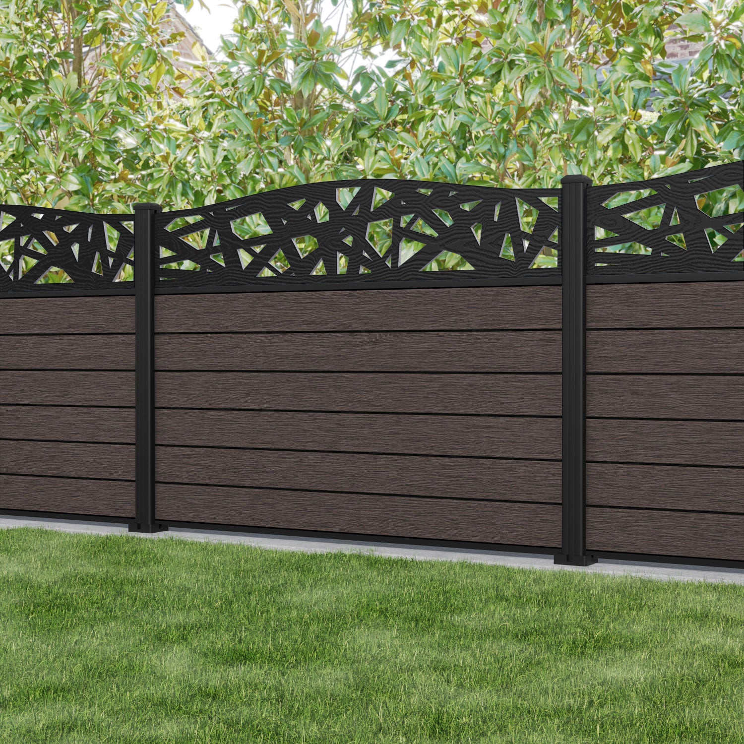 Fusion Prism Curved Top Fence Panel - Mid Brown - with our aluminium posts