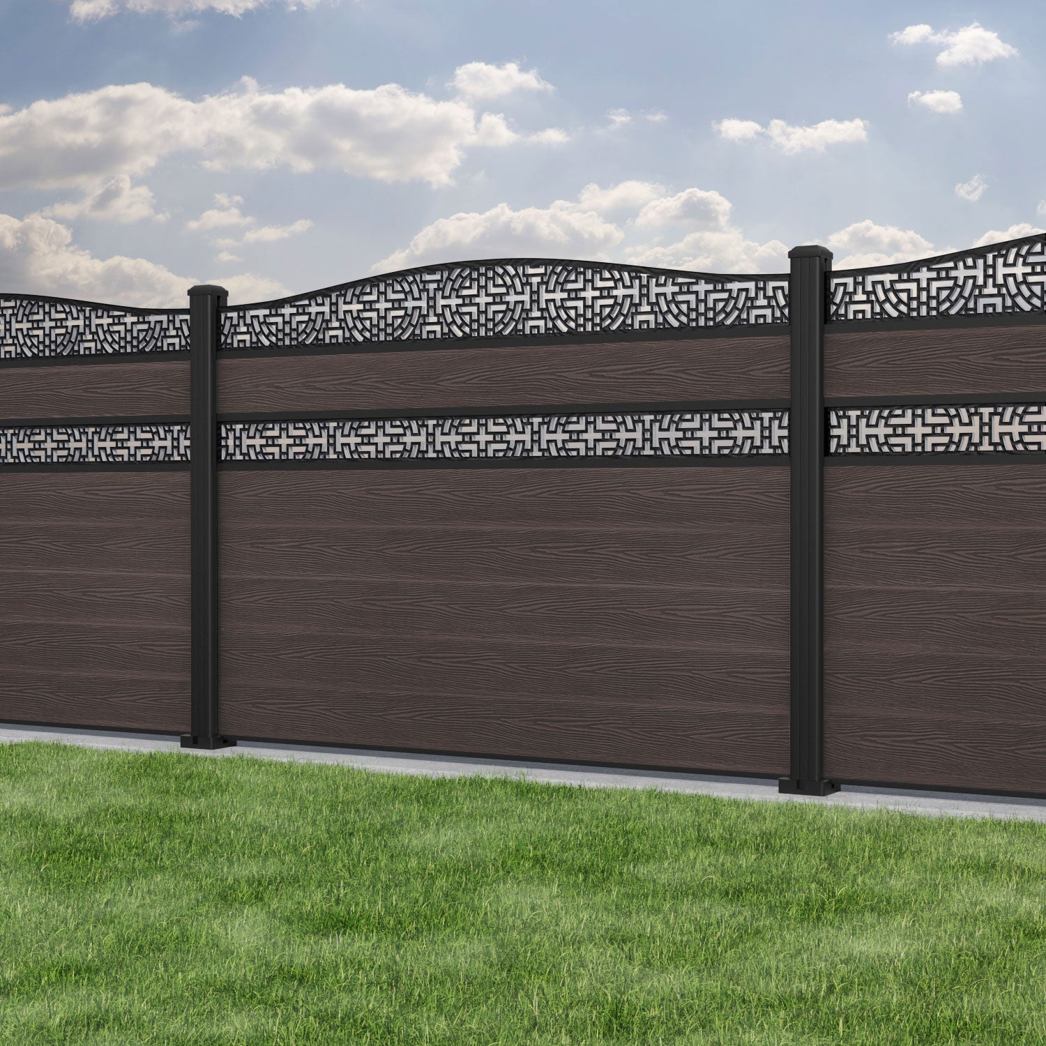 Classic Kumo Curved Top Split Screen Fence Panel - Mid Brown - with our aluminium posts