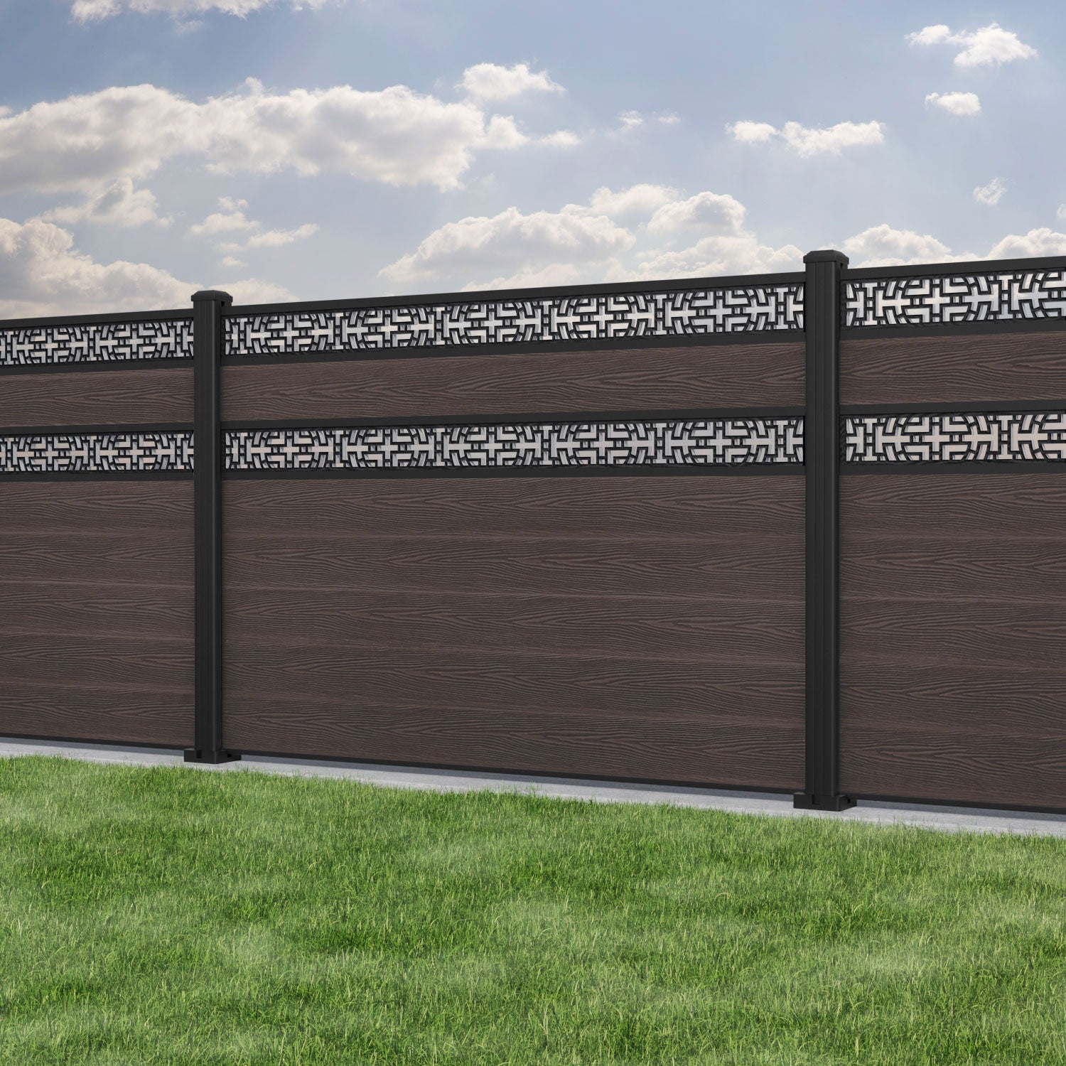Classic Kumo Split Screen Fence Panel - Mid Brown - with our aluminium posts
