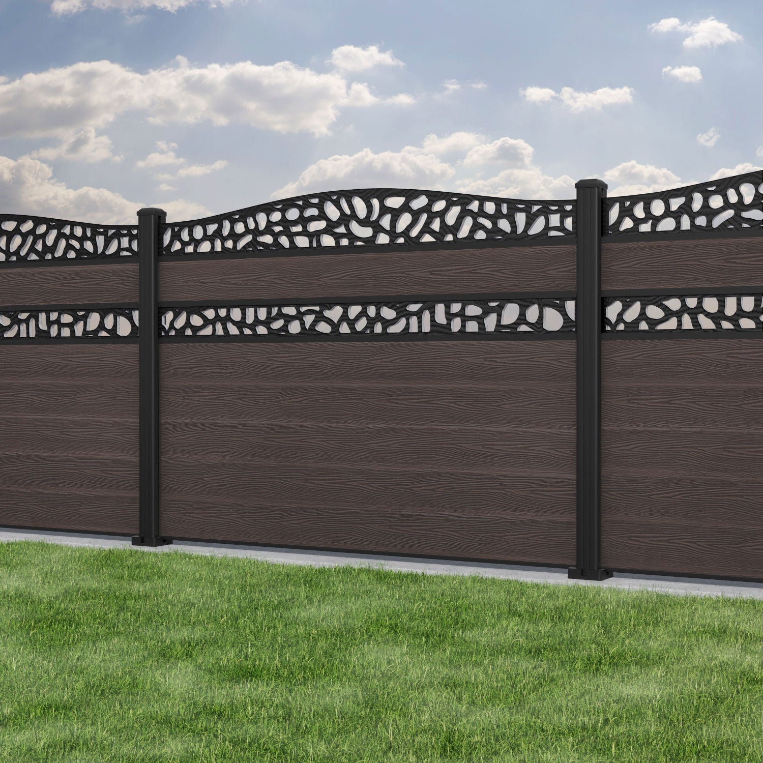 Classic Pebble Curved Top Split Screen Fence Panel - Mid Brown - with our aluminium posts