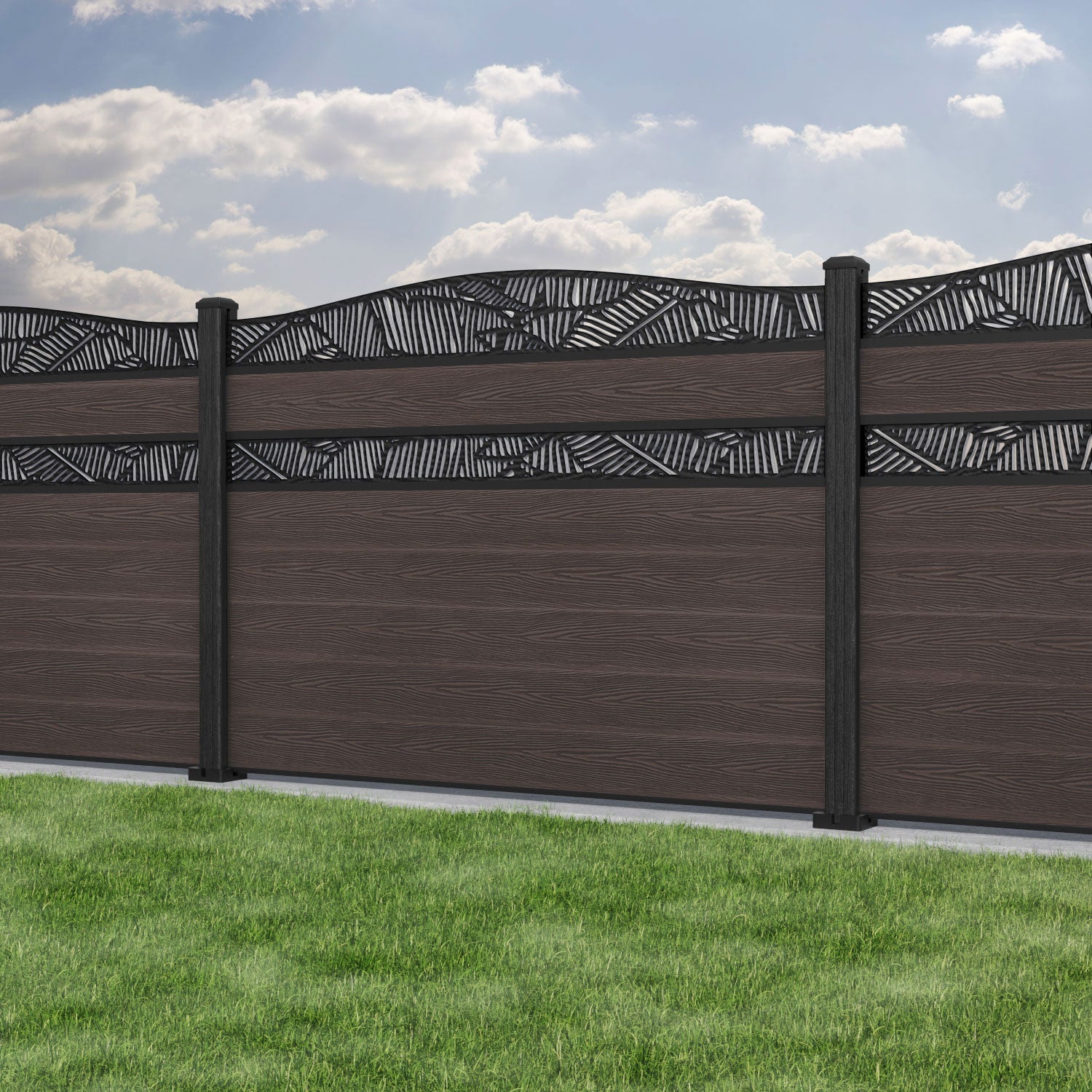 Classic Feather Curved Top Split Screen Fence Panel - Mid Brown - with our composite posts