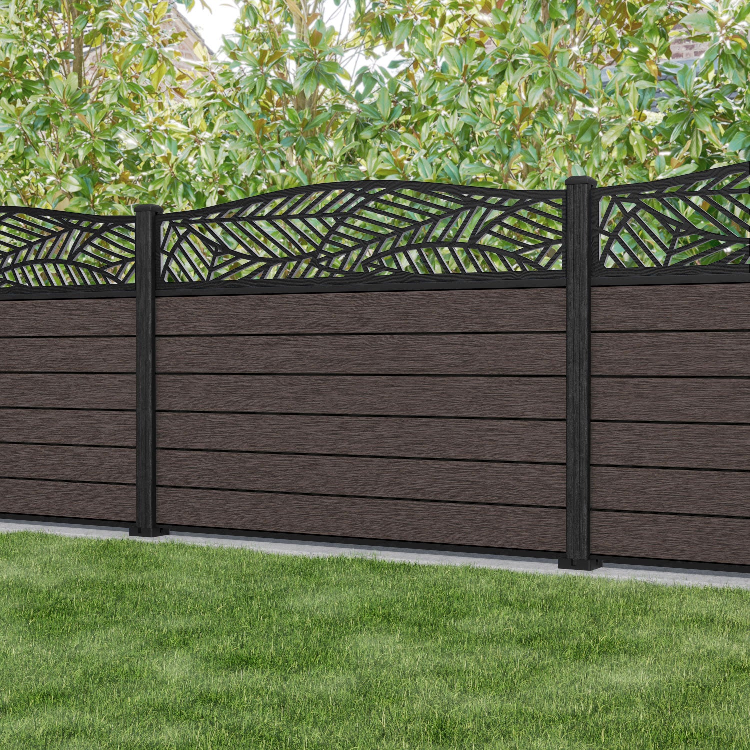 Fusion Habitat Curved Top Fence Panel - Mid Brown - with our composite posts