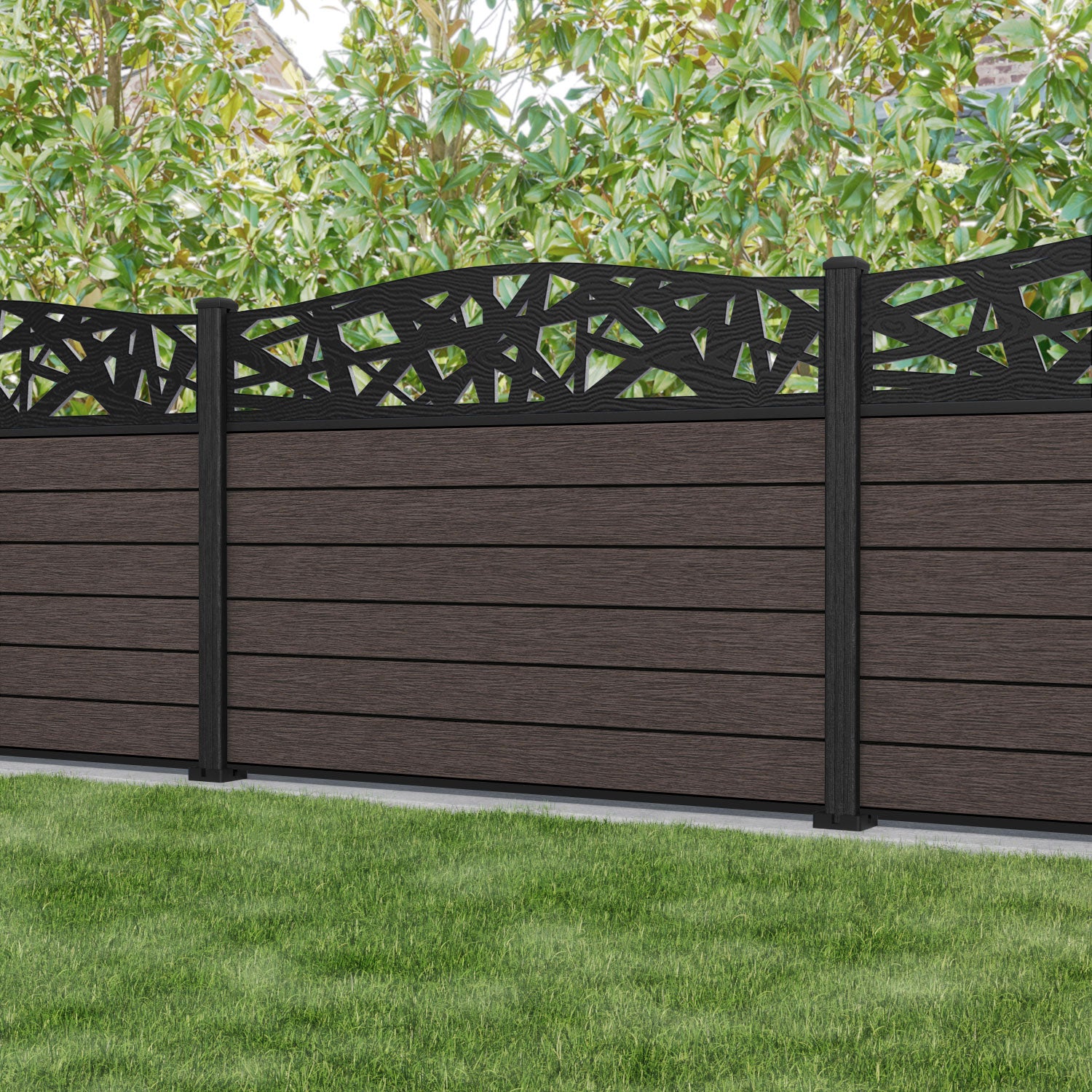 Fusion Prism Curved Top Fence Panel - Mid Brown - with our composite posts