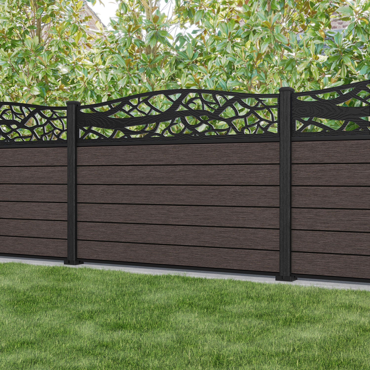 Fusion Twilight Curved Top Fence Panel - Mid Brown - with our composite posts