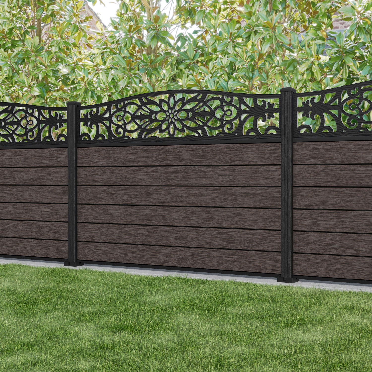 Fusion Windsor Curved Top Fence Panel - Mid Brown - with our composite posts