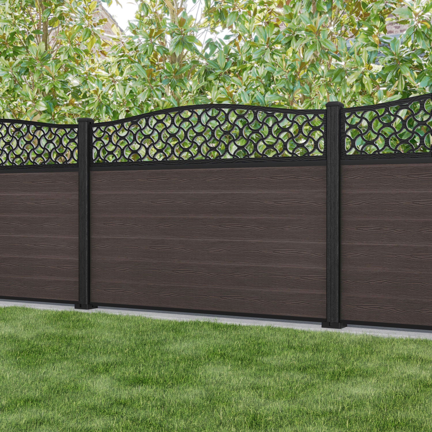 Fusion Vida Curved Top Fence Panel - Mid Brown - with our composite posts
