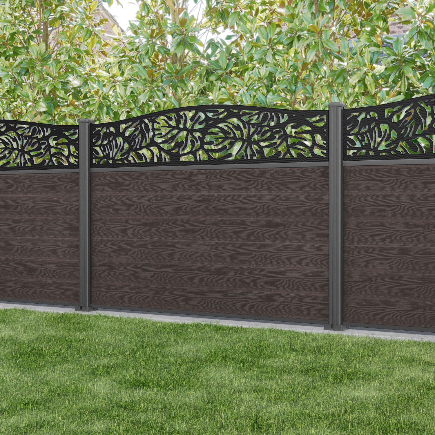 Fusion Botanic Curved Top Fence Panel - Mid Brown - with our aluminium posts