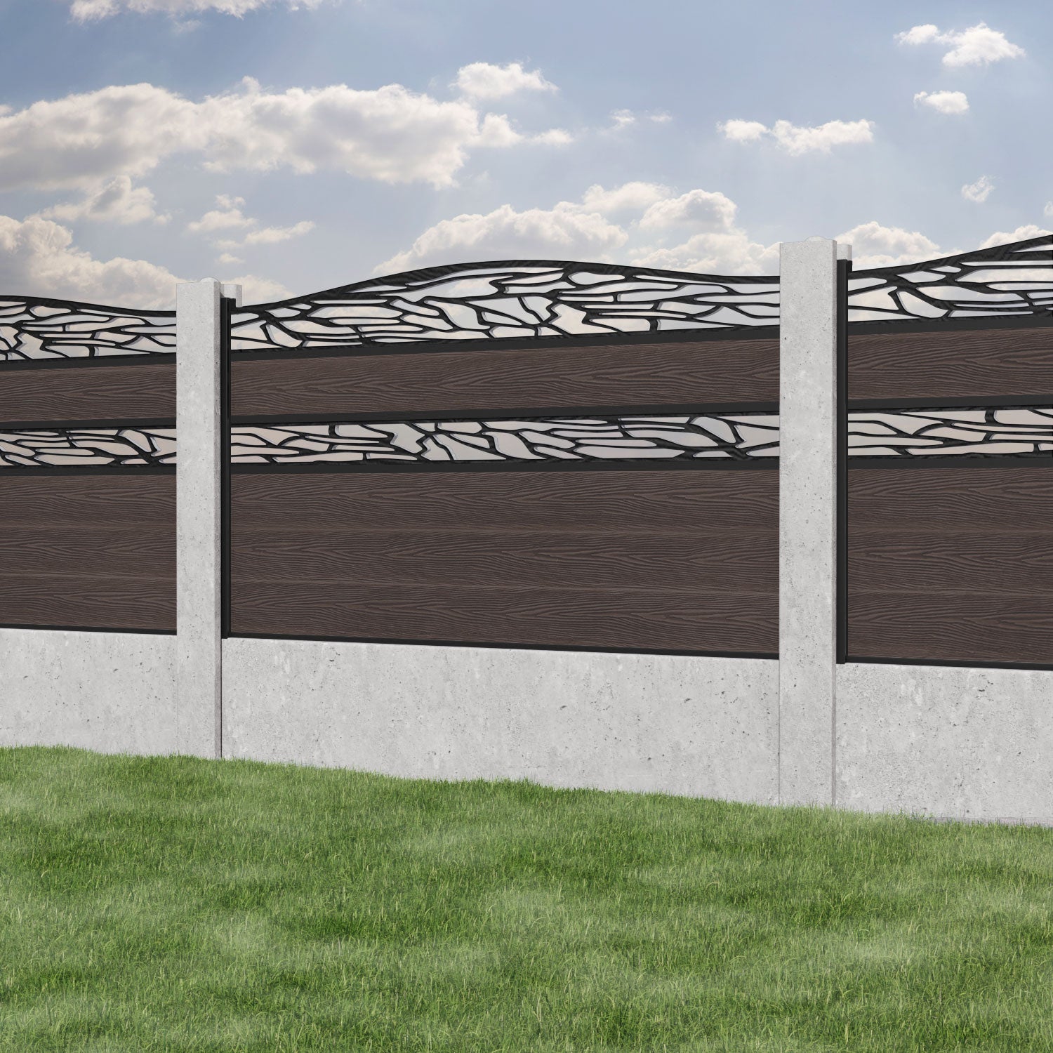 Classic Shatter Curved Top Split Screen Fence Panel - Mid Brown - for existing concrete posts