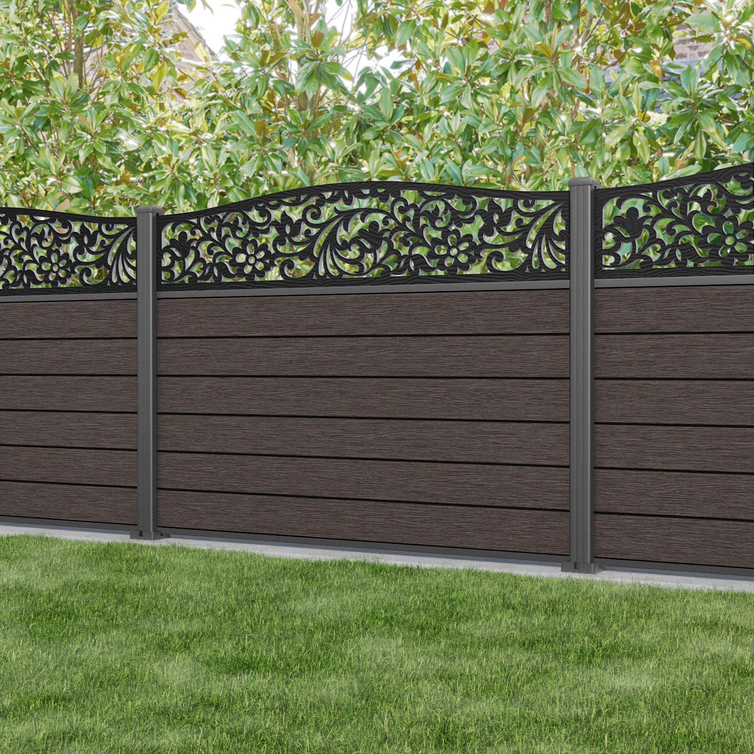 Fusion Eden Curved Top Fence Panel - Mid Brown - with our aluminium posts