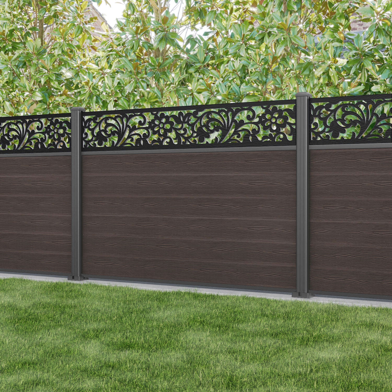 Classic Eden Fence Panel - Mid Brown - with our aluminium posts