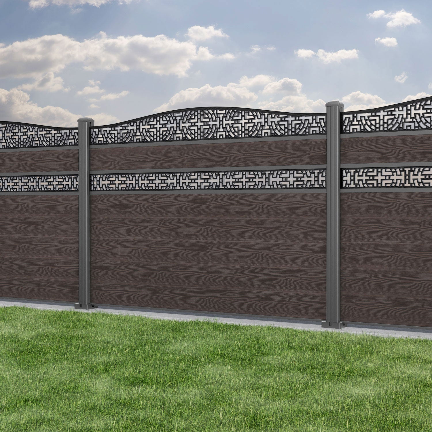 Classic Kumo Curved Top Split Screen Fence Panel - Mid Brown - with our aluminium posts