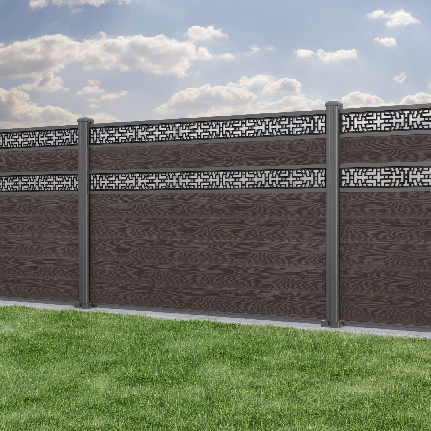 Classic Kumo Split Screen Fence Panel - Mid Brown - with our aluminium posts