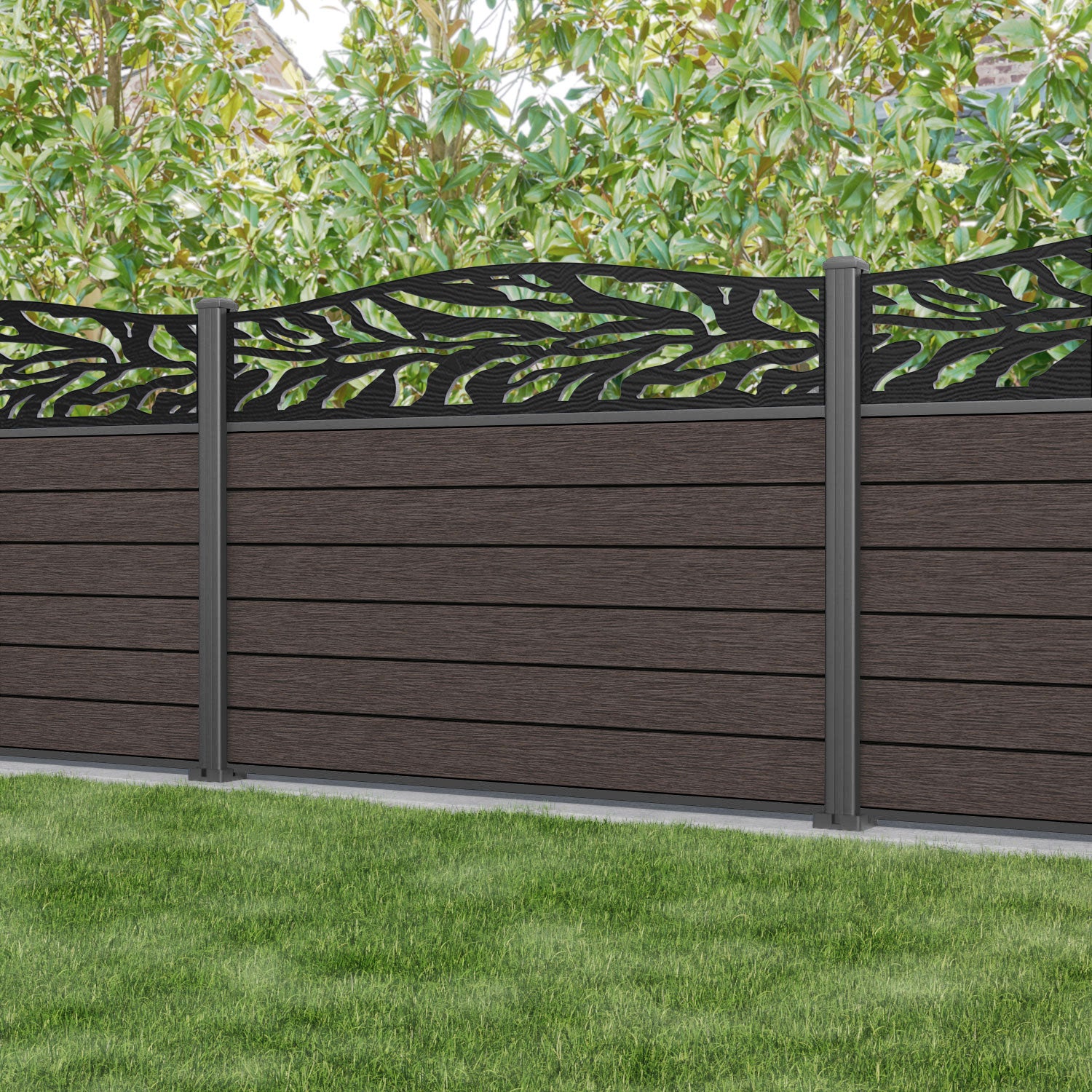 Fusion Malawi Curved Top Fence Panel - Mid Brown - with our aluminium posts