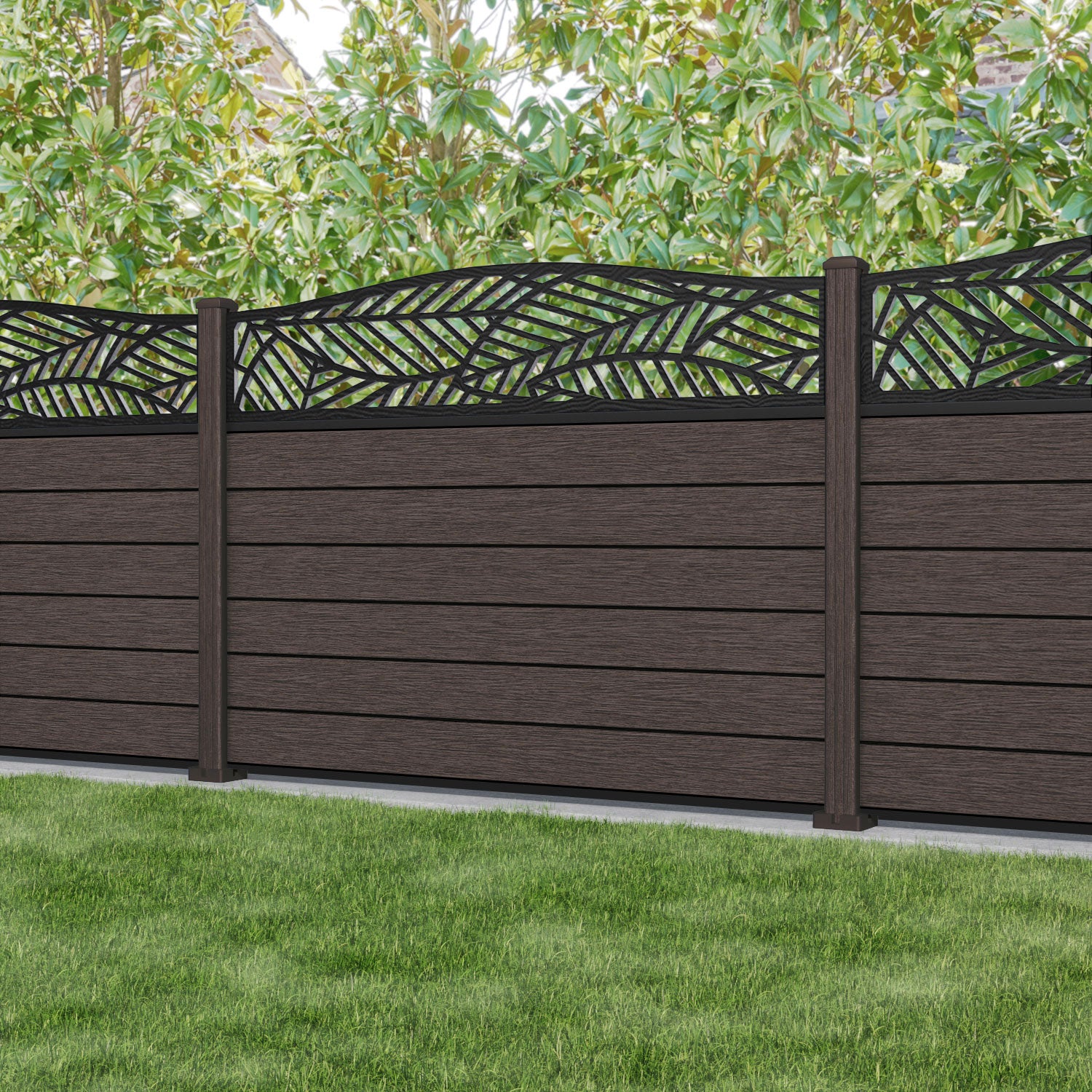 Fusion Habitat Curved Top Fence Panel - Mid Brown - with our composite posts