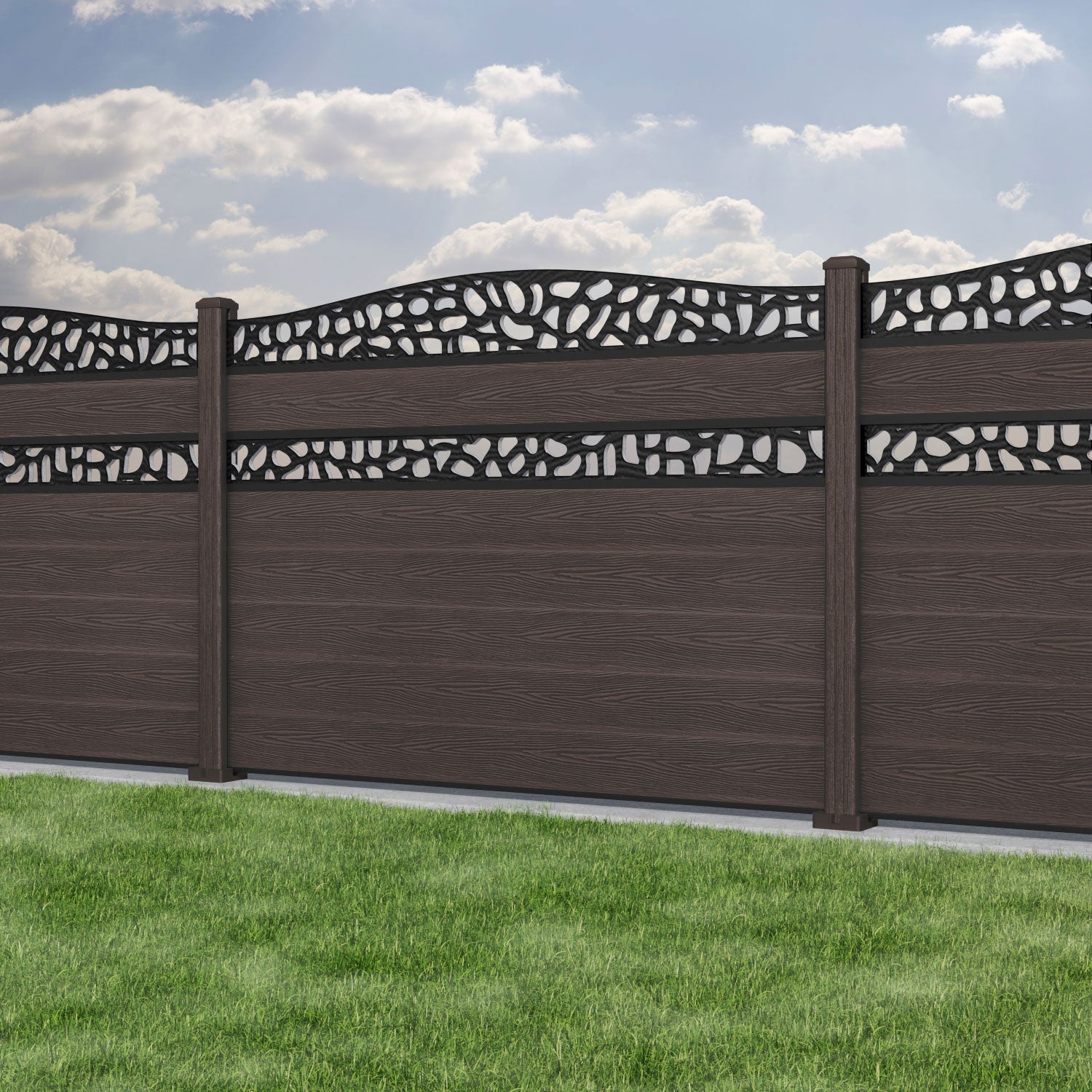 Classic Pebble Curved Top Split Screen Fence Panel - Mid Brown - with our composite posts