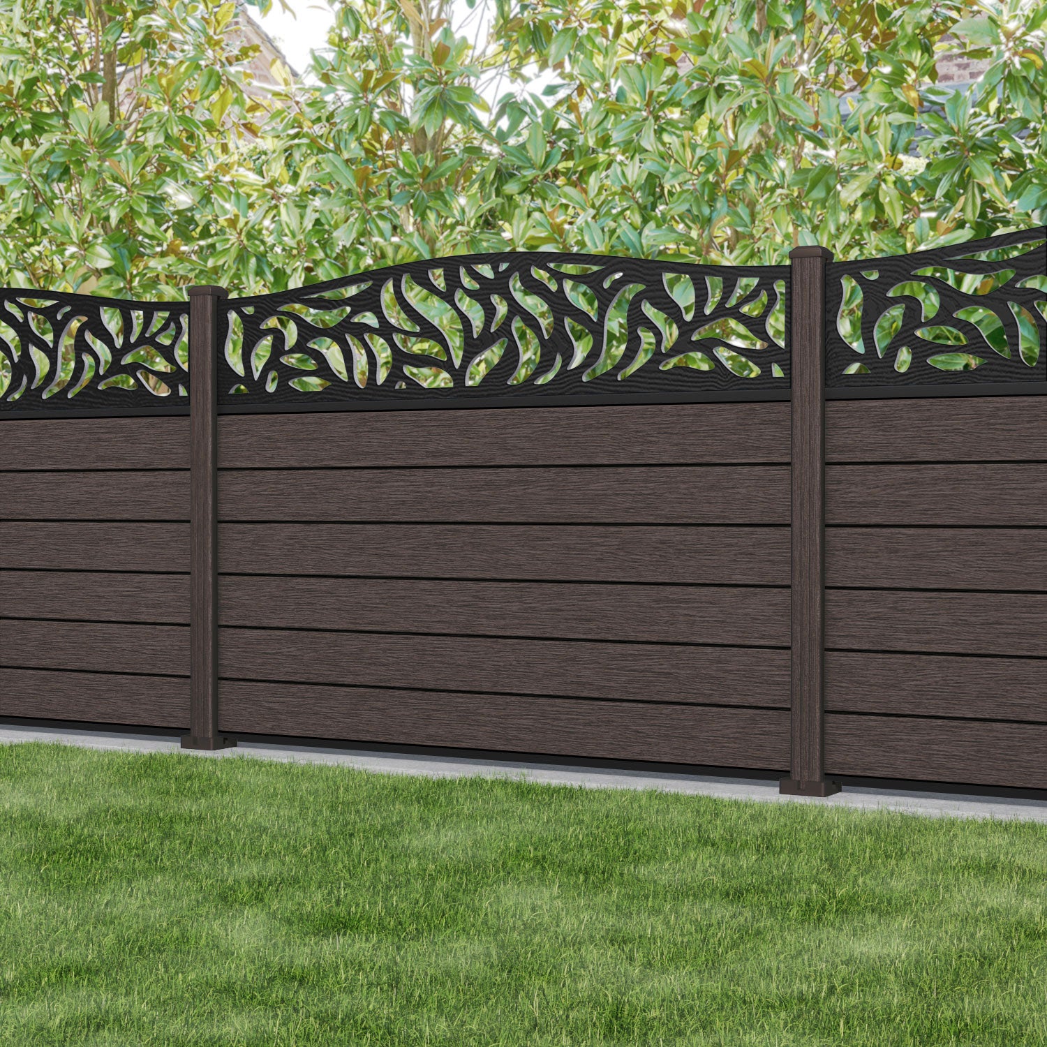 Fusion Plume Curved Top Fence Panel - Mid Brown - with our composite posts