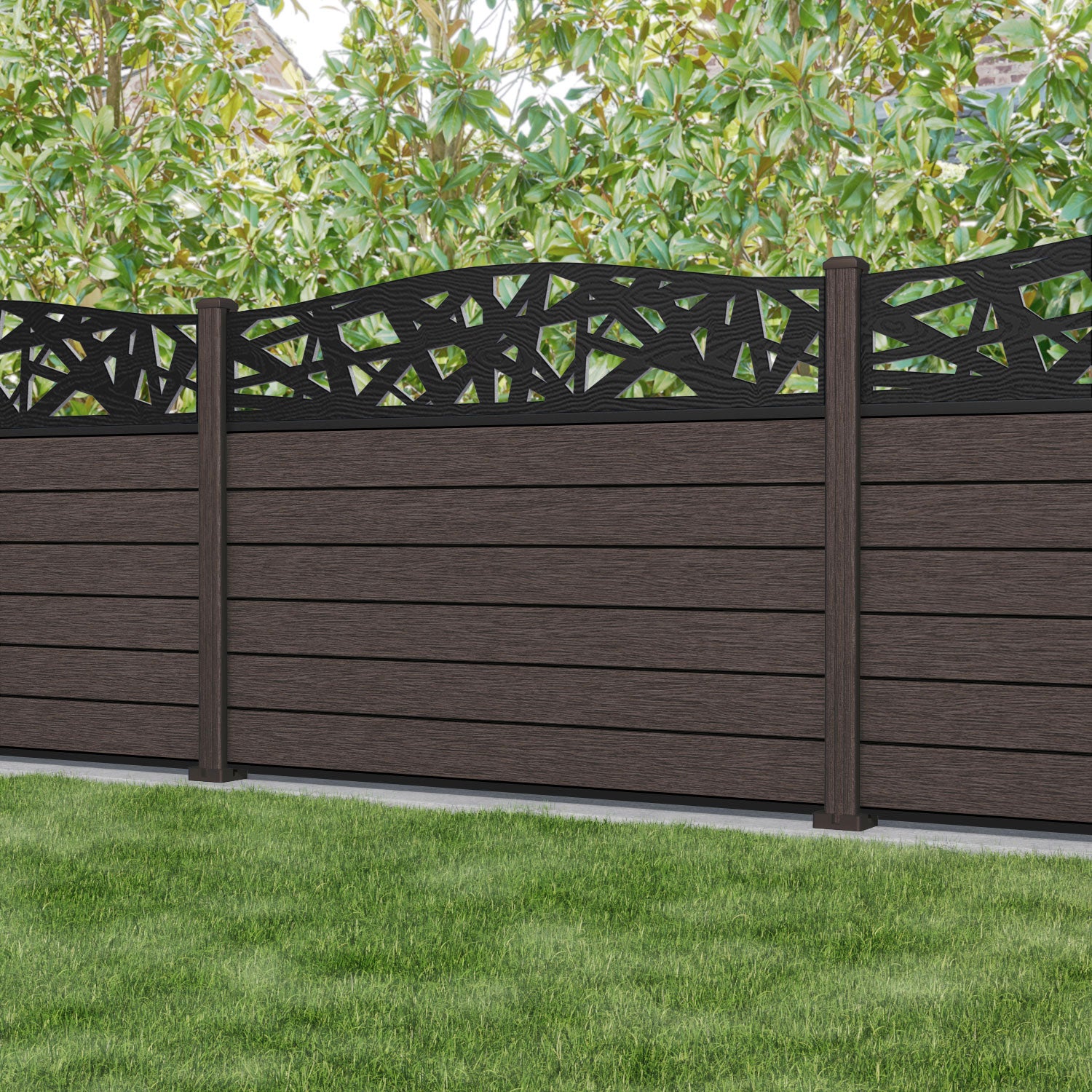 Fusion Prism Curved Top Fence Panel - Mid Brown - with our composite posts