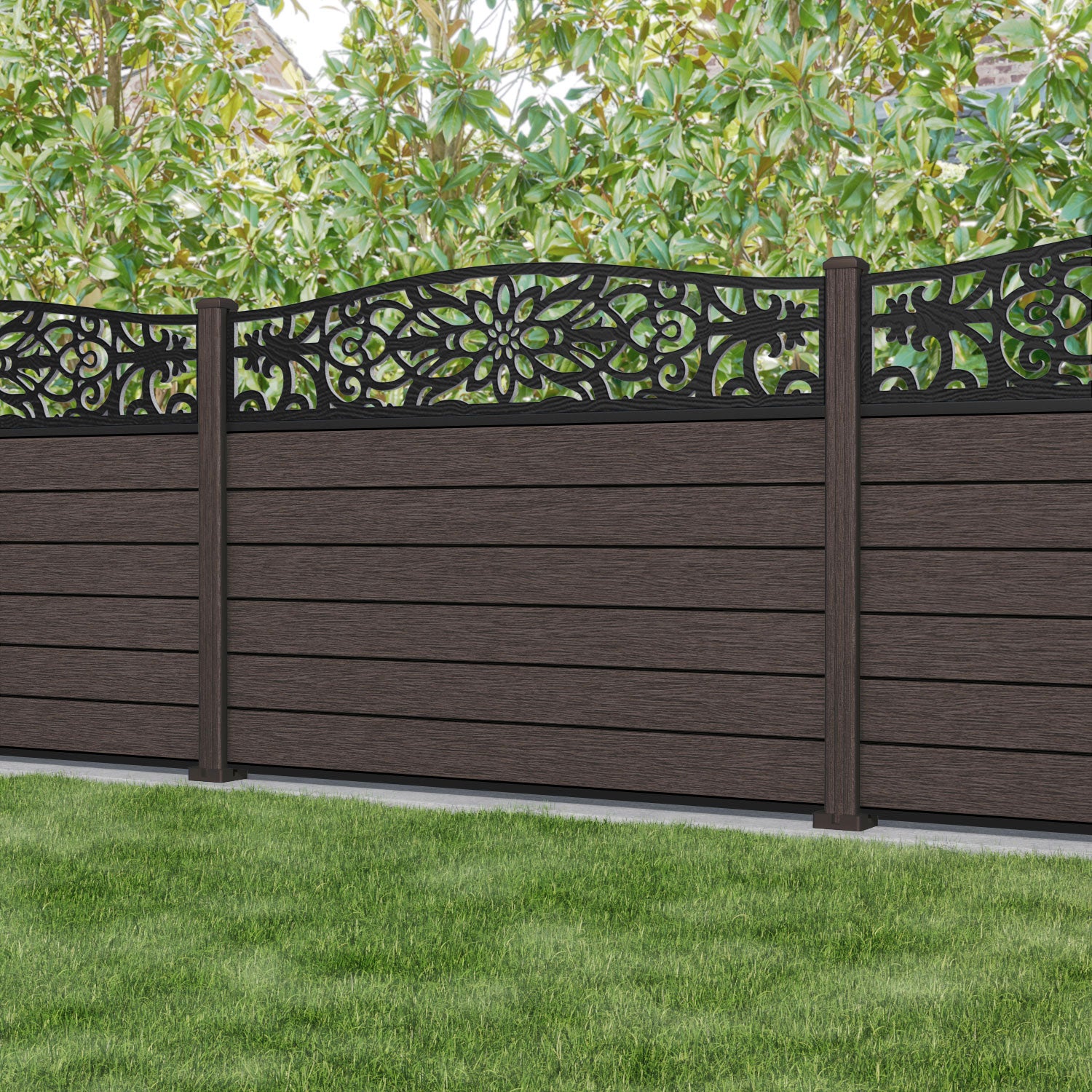 Fusion Windsor Curved Top Fence Panel - Mid Brown - with our composite posts