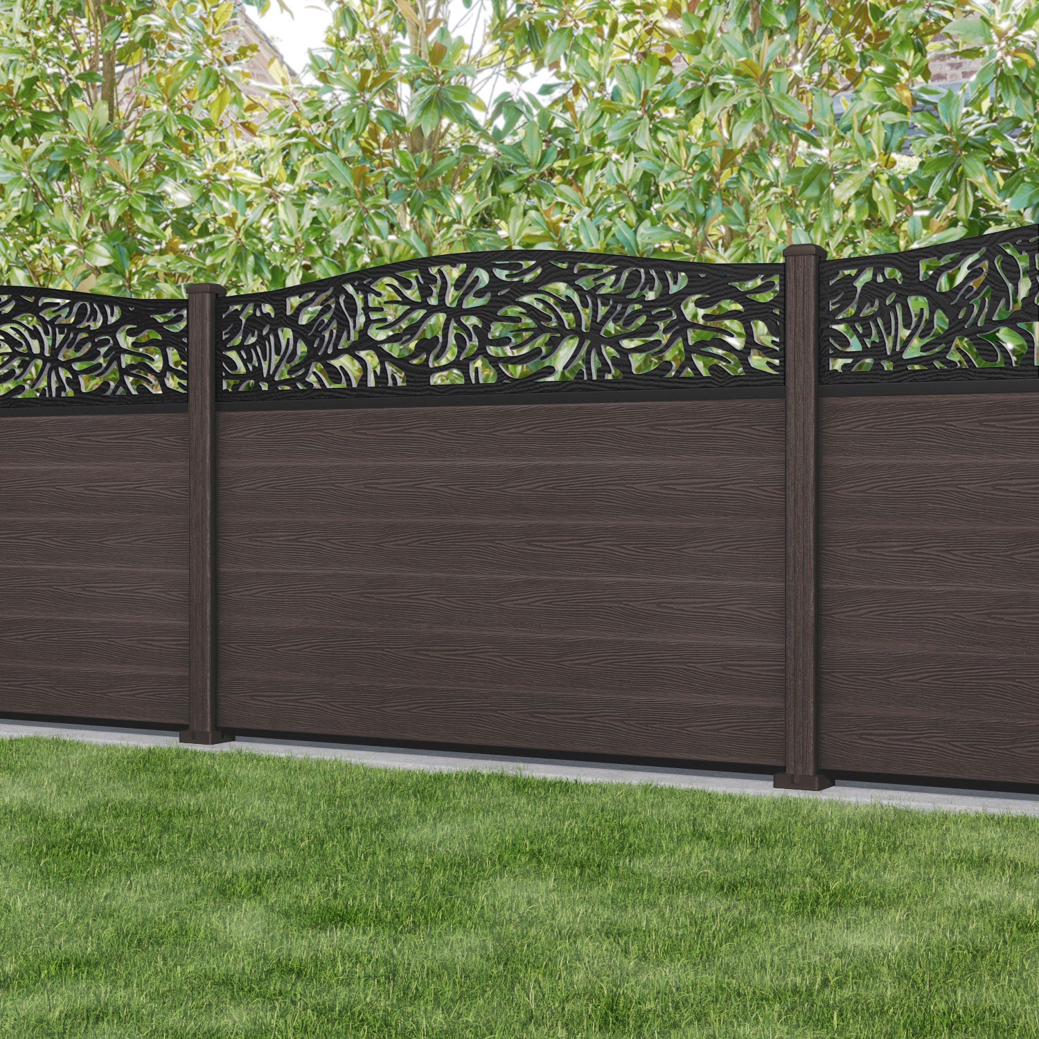 Fusion Botanic Curved Top Fence Panel - Mid Brown - with our composite posts