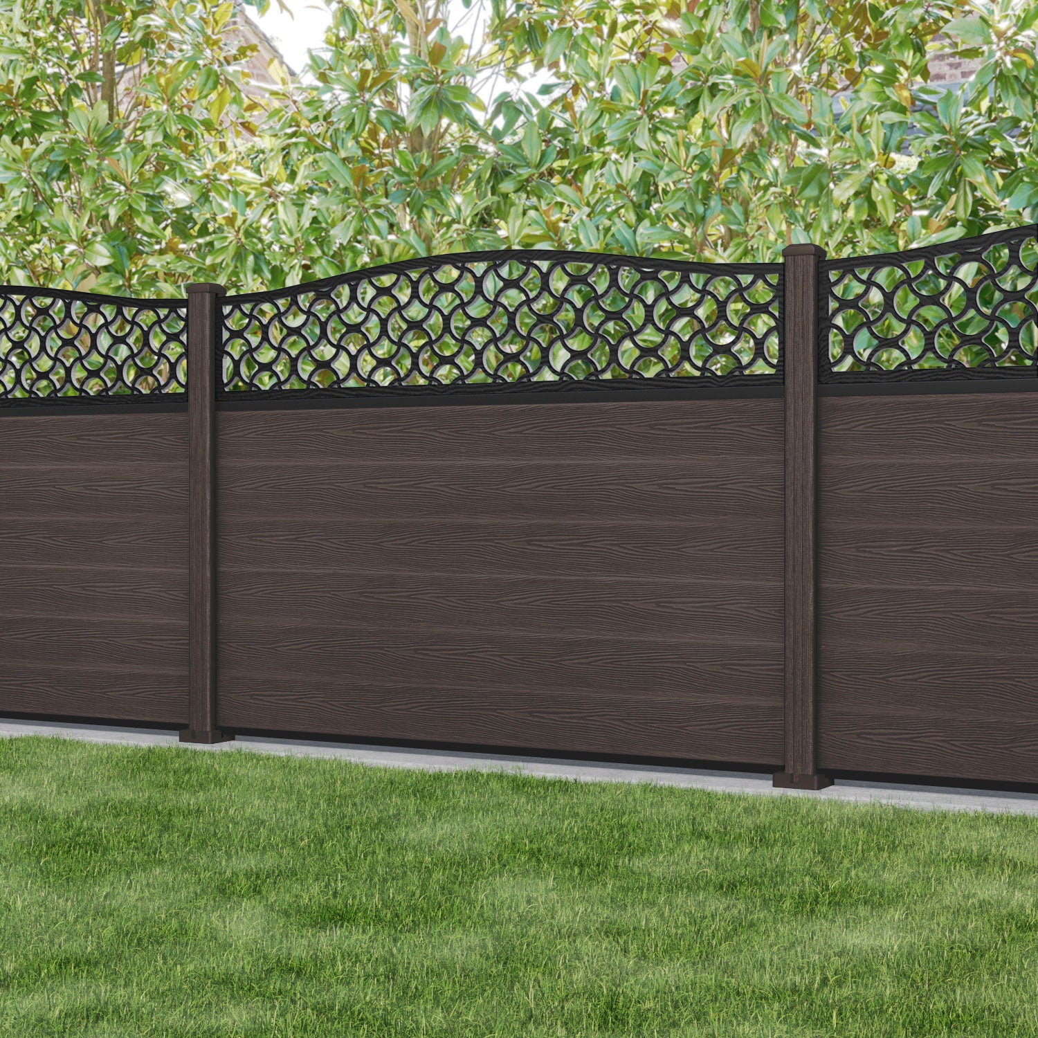 Fusion Vida Curved Top Fence Panel - Mid Brown - with our composite posts