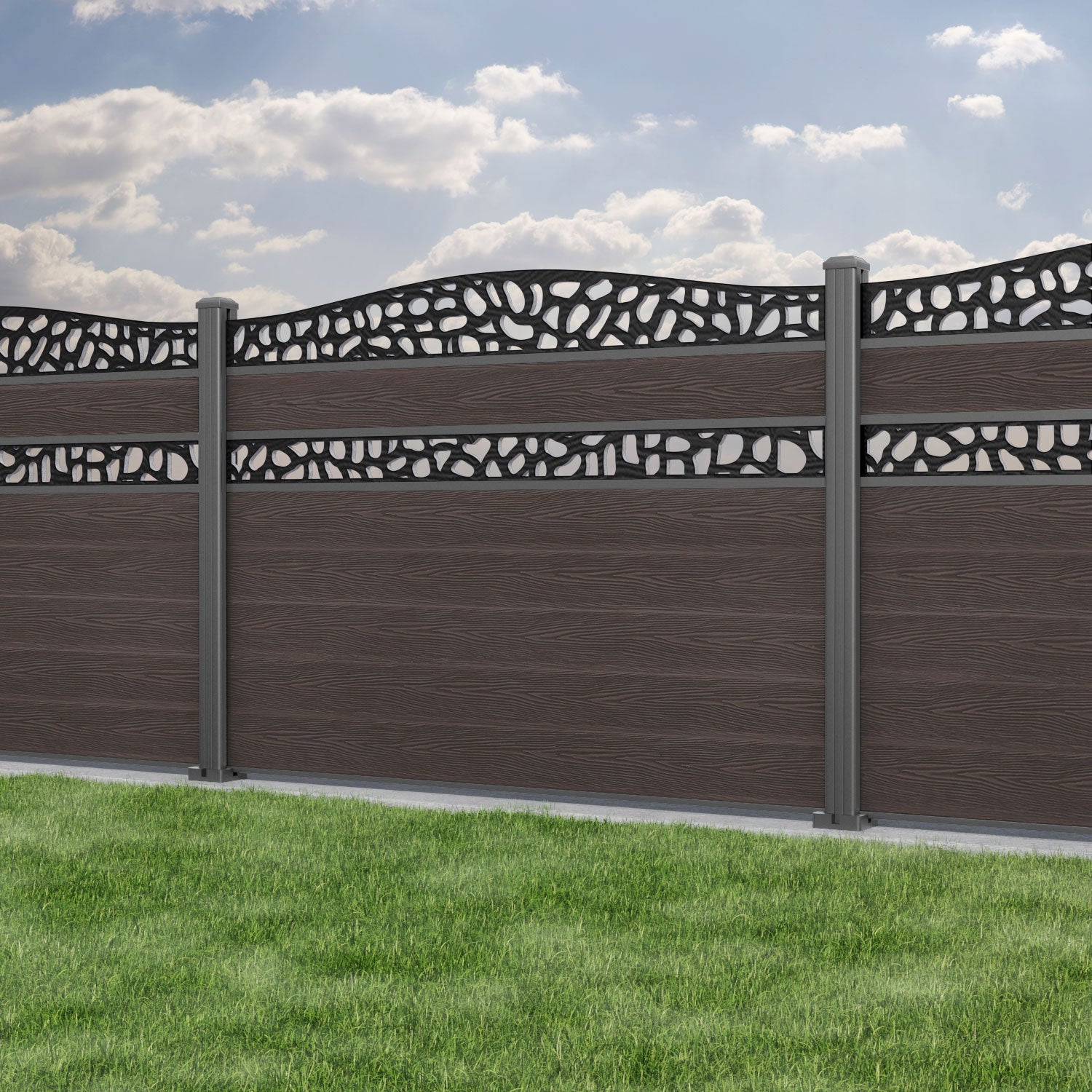 Classic Pebble Curved Top Split Screen Fence Panel - Mid Brown - with our aluminium posts