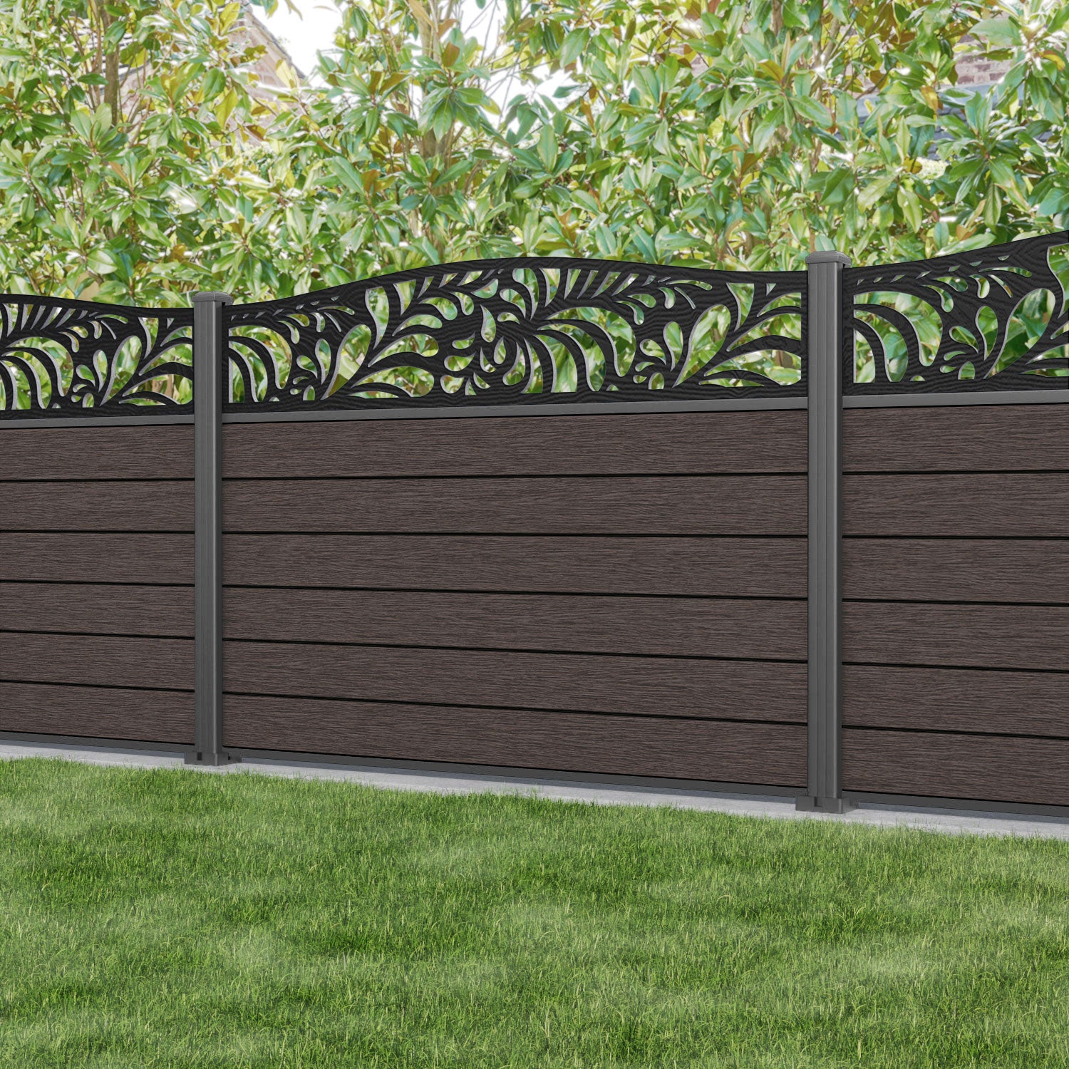 Fusion Petal Curved Top Fence Panel - Mid Brown - with our aluminium posts