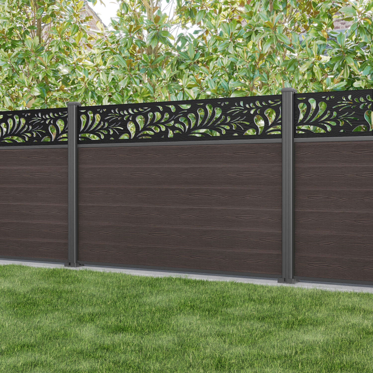 Classic Petal Fence Panel - Mid Brown - with our aluminium posts