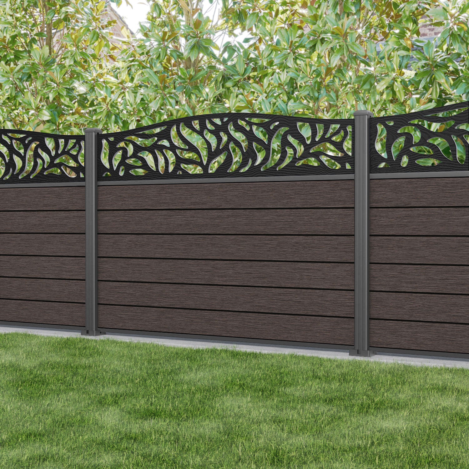 Fusion Plume Curved Top Fence Panel - Mid Brown - with our aluminium posts