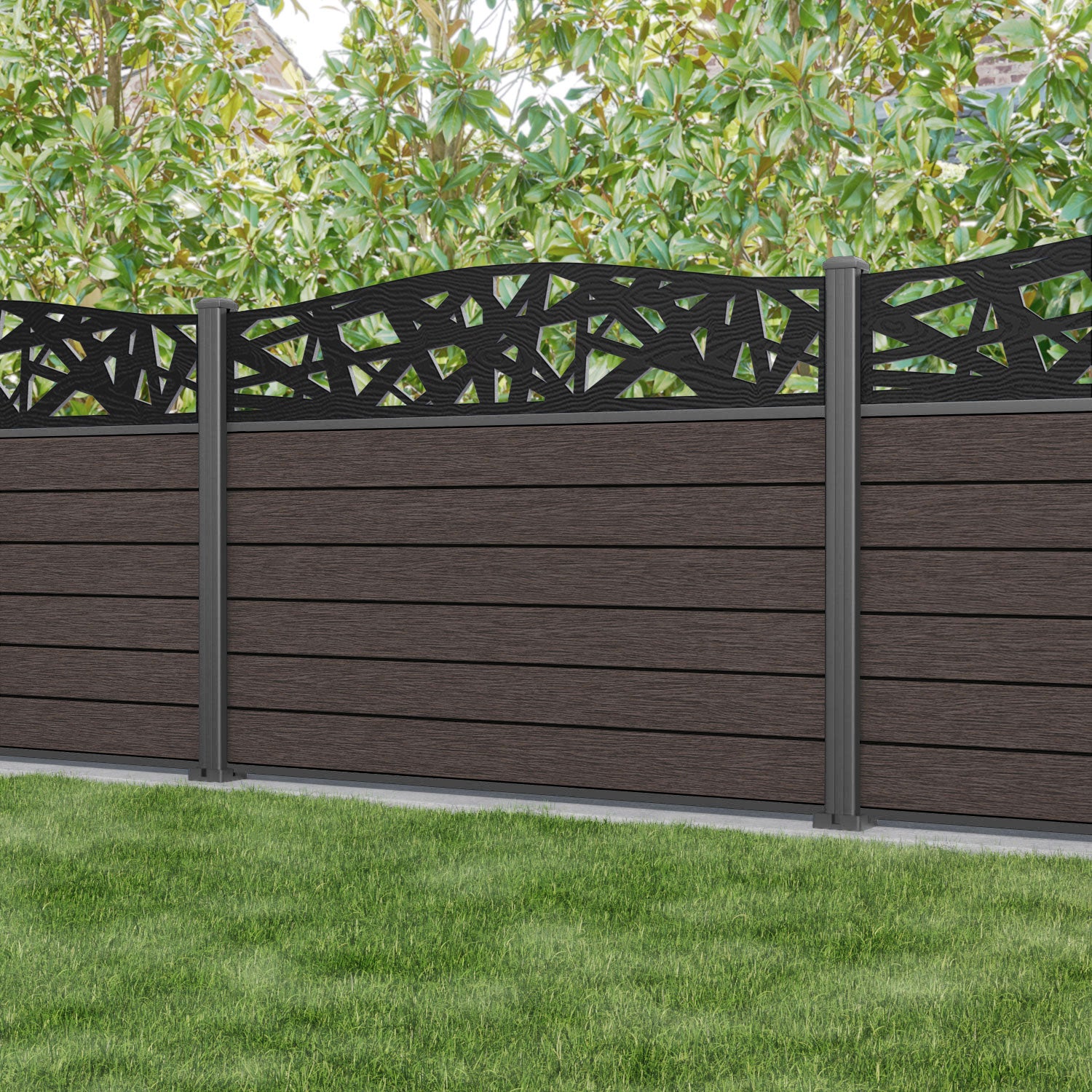 Fusion Prism Curved Top Fence Panel - Mid Brown - with our aluminium posts