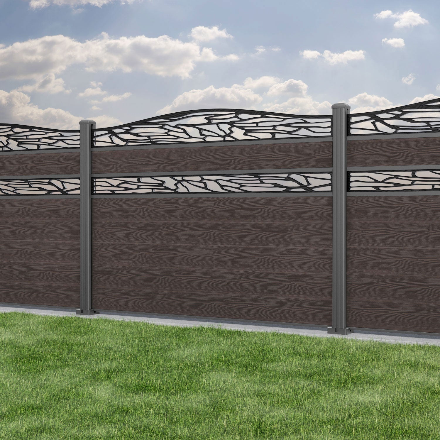 Classic Shatter Curved Top Split Screen Fence Panel - Mid Brown - with our aluminium posts