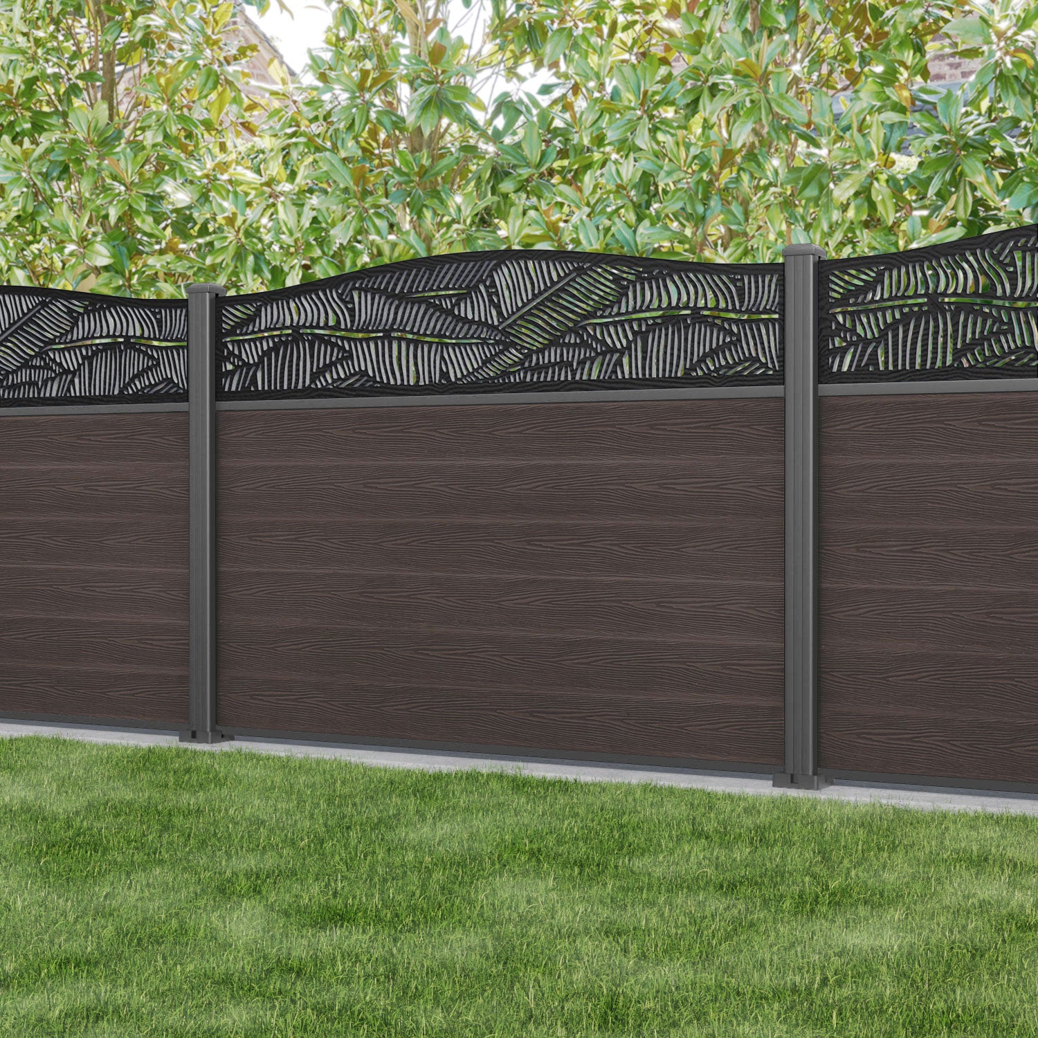 Classic Feather Curved Top Fence Panel - Mid Brown - with our aluminium posts