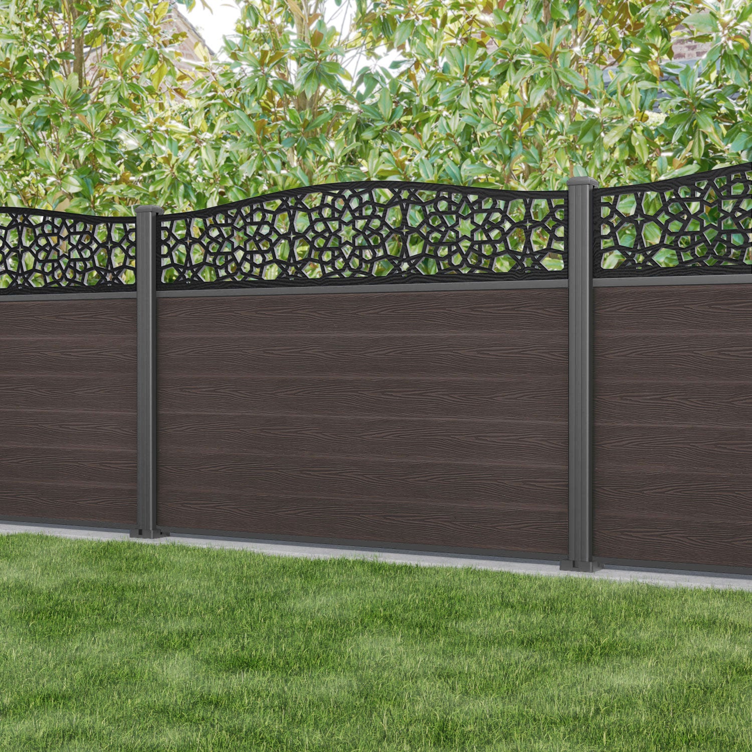 Classic Nazira Curved Top Fence Panel - Mid Brown - with our aluminium posts