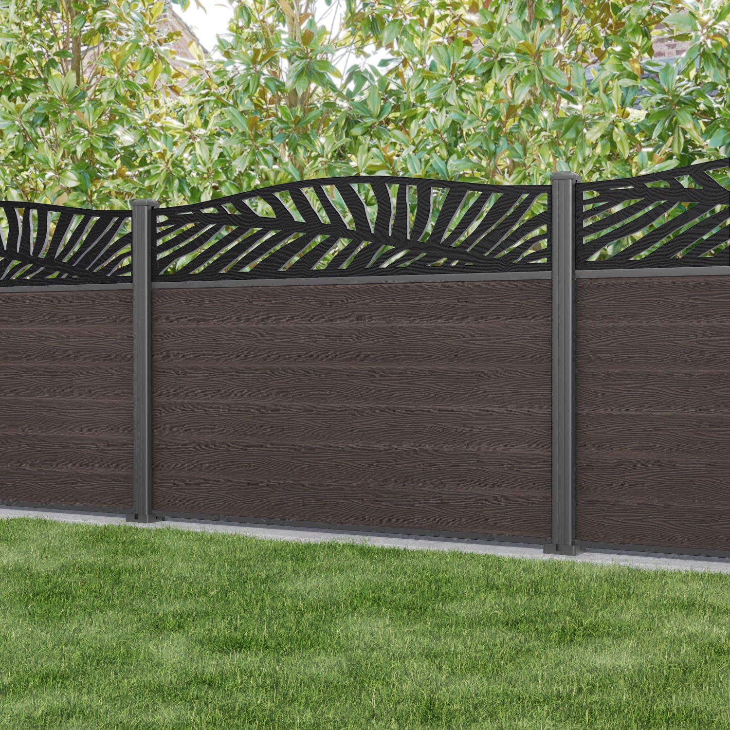 Classic Palm Curved Top Fence Panel - Mid Brown - with our aluminium posts