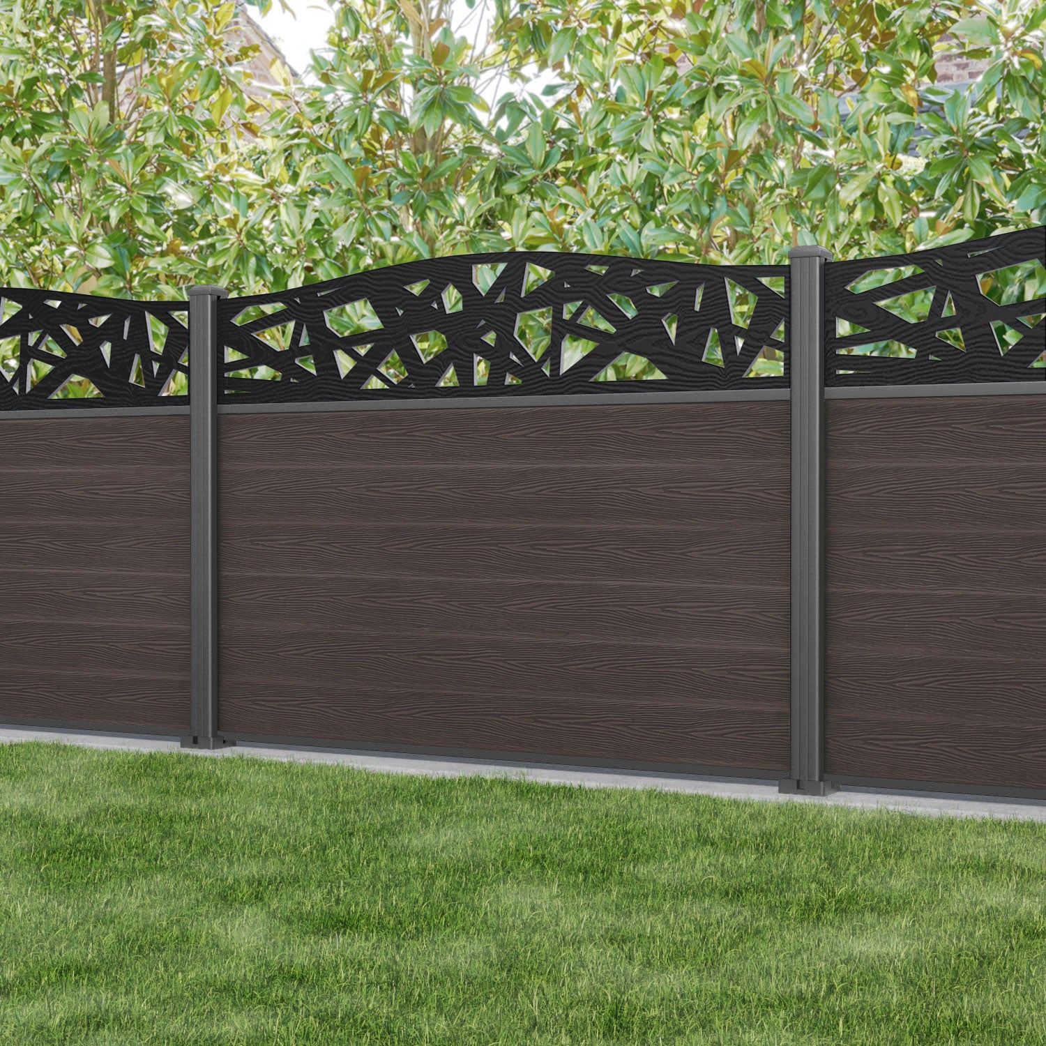 Classic Prism Curved Top Fence Panel - Mid Brown - with our aluminium posts