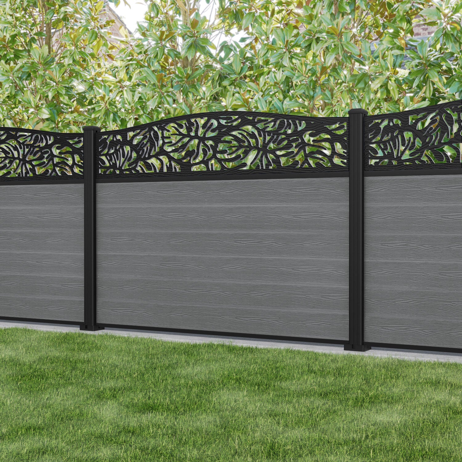 Fusion Botanic Curved Top Fence Panel - Mid Grey - with our aluminium posts