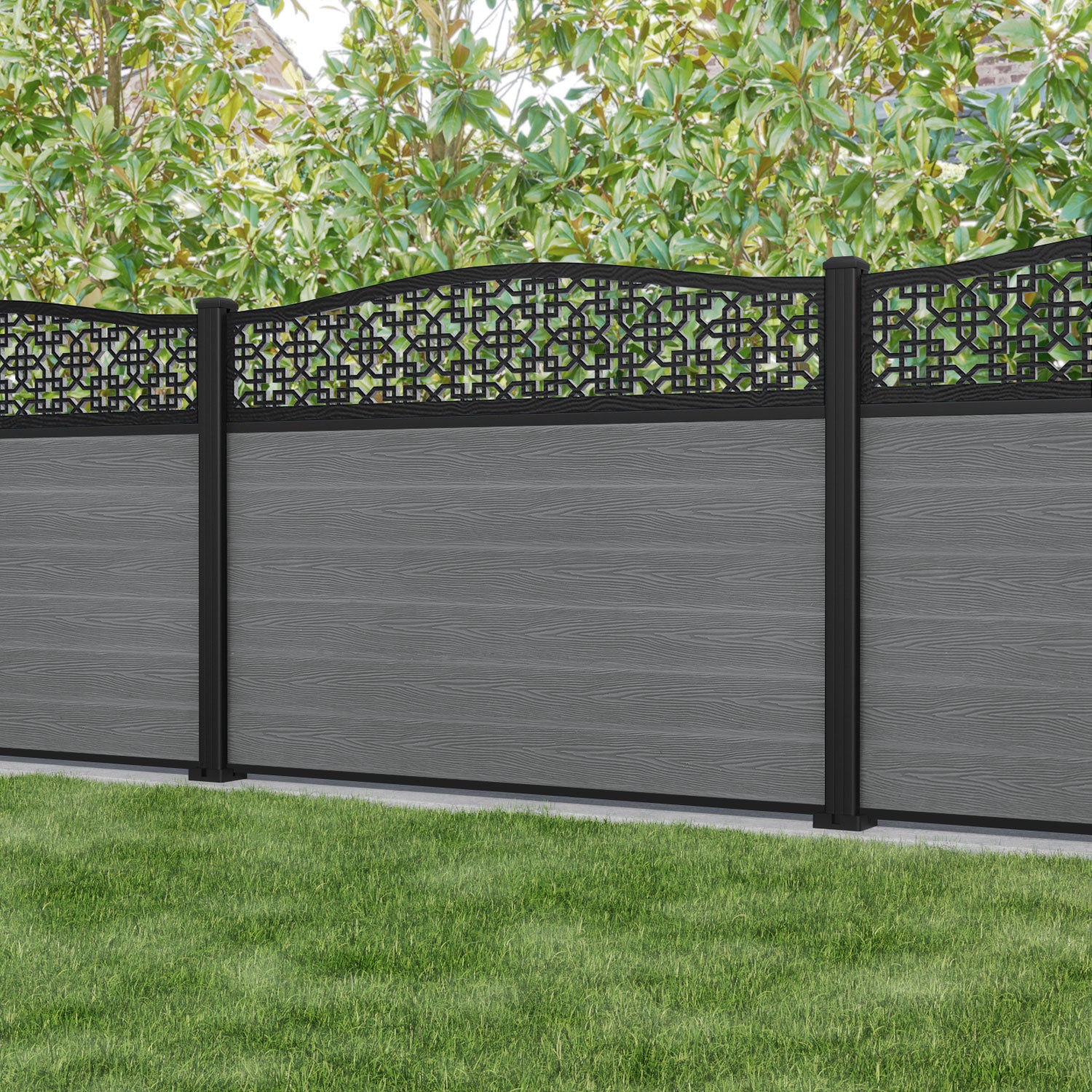 Fusion Zaria Curved Top Fence Panel - Mid Grey - with our aluminium posts