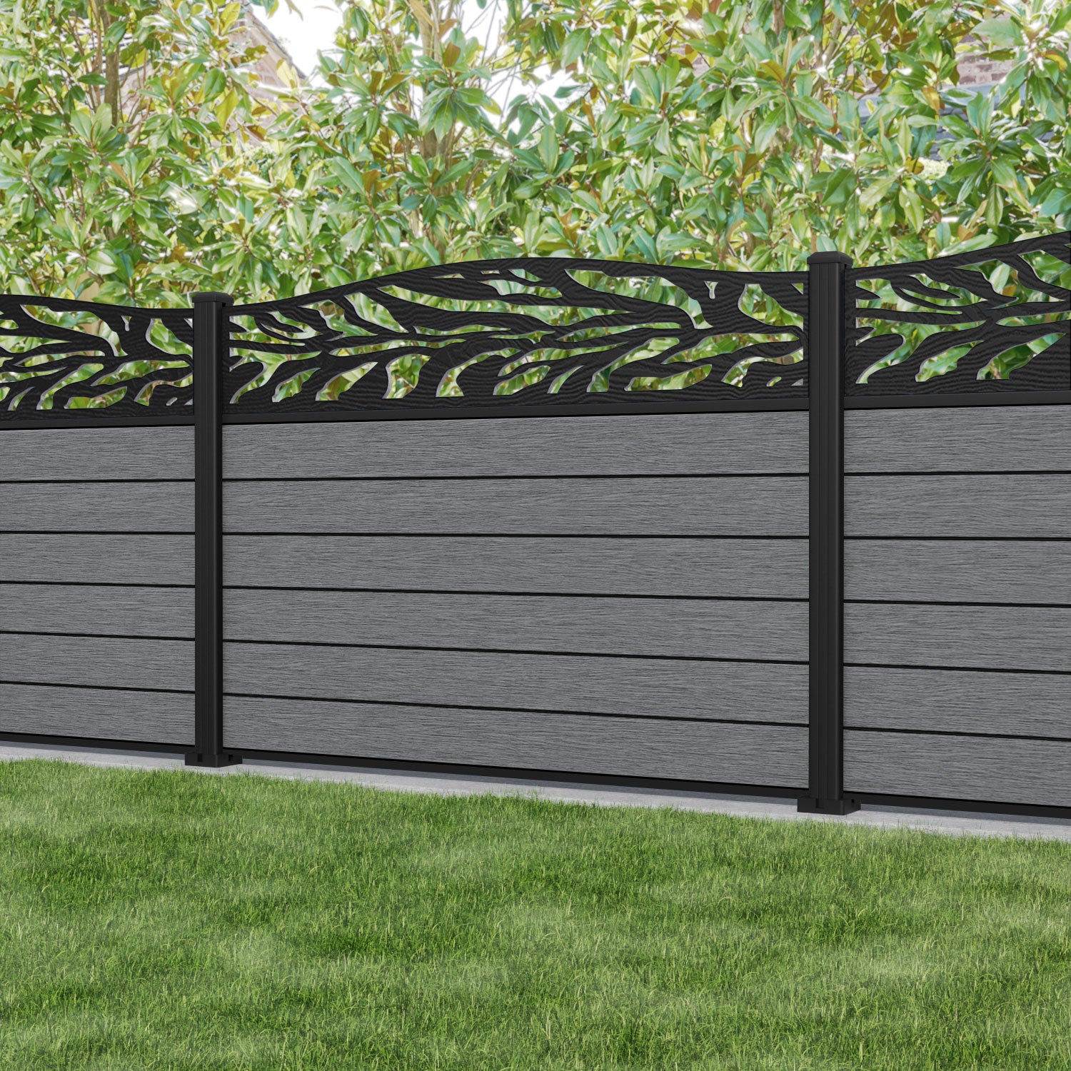 Fusion Malawi Curved Top Fence Panel - Mid Grey - with our aluminium posts