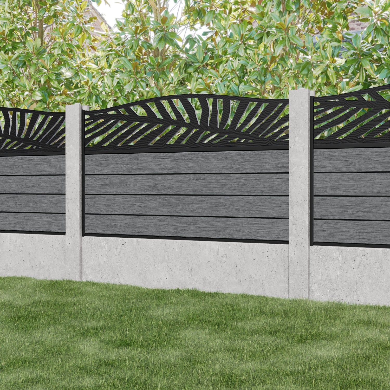 Fusion Palm Curved Top Fence Panel - Mid Grey - for existing concrete posts