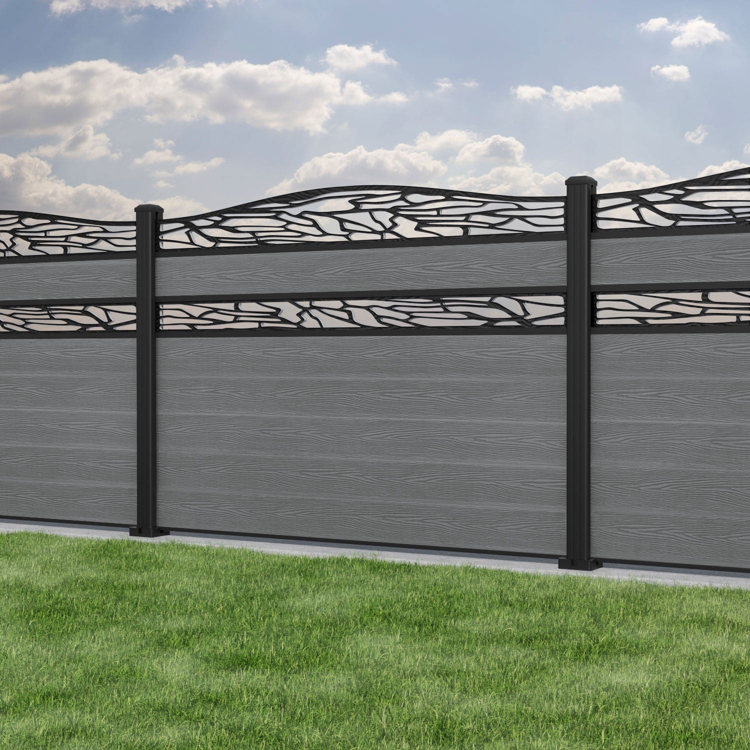 Classic Shatter Curved Top Split Screen Fence Panel - Mid Grey - with our aluminium posts