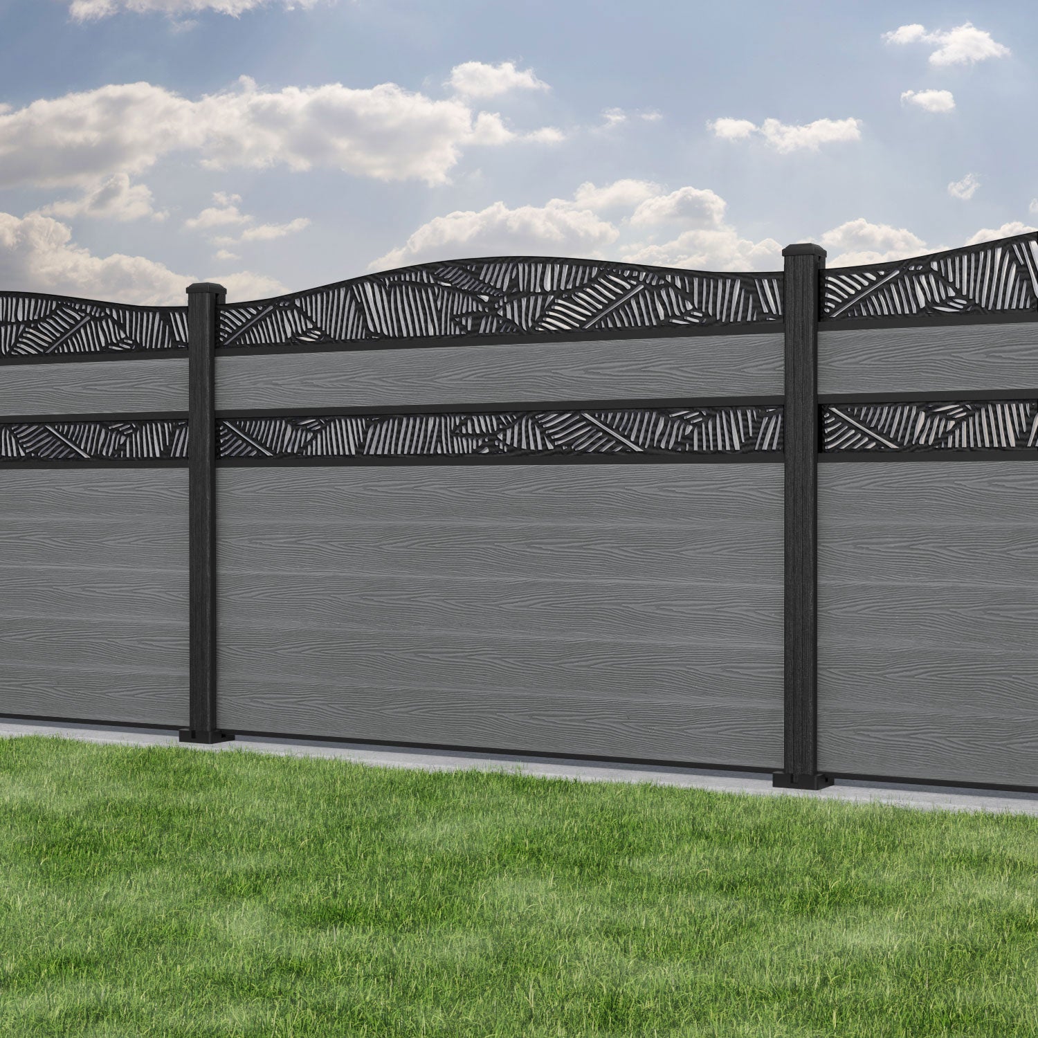 Classic Feather Curved Top Split Screen Fence Panel - Mid Grey - with our composite posts