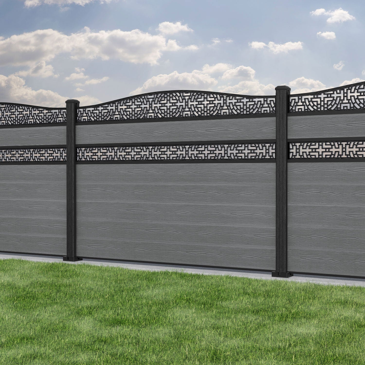 Classic Kumo Curved Top Split Screen Fence Panel - Mid Grey - with our composite posts