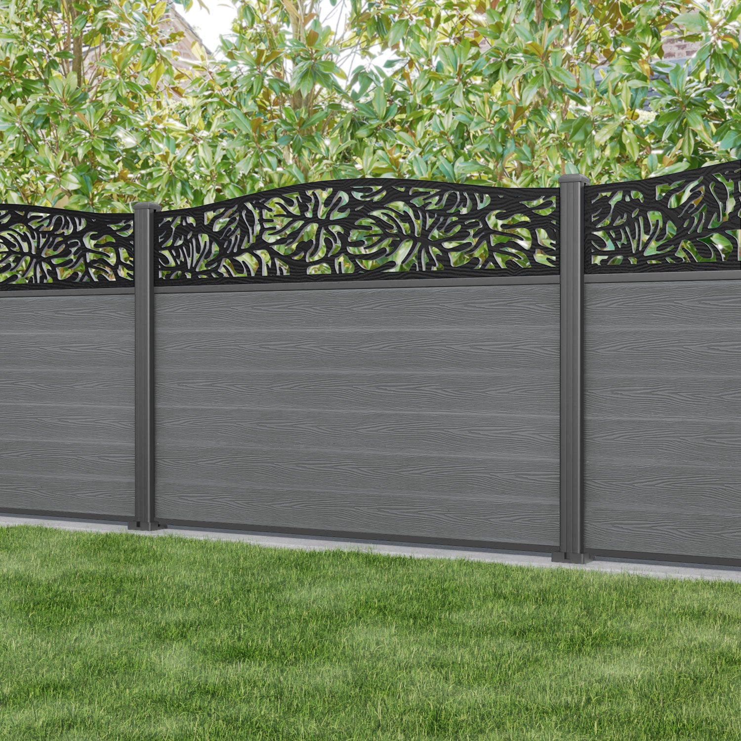 Fusion Botanic Curved Top Fence Panel - Mid Grey - with our aluminium posts