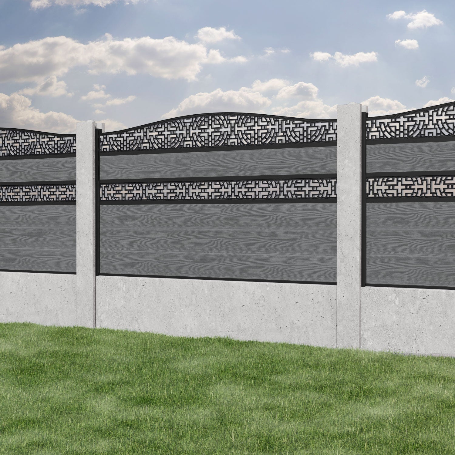 Classic Kumo Curved Top Split Screen Fence Panel - Mid Grey - for existing concrete posts