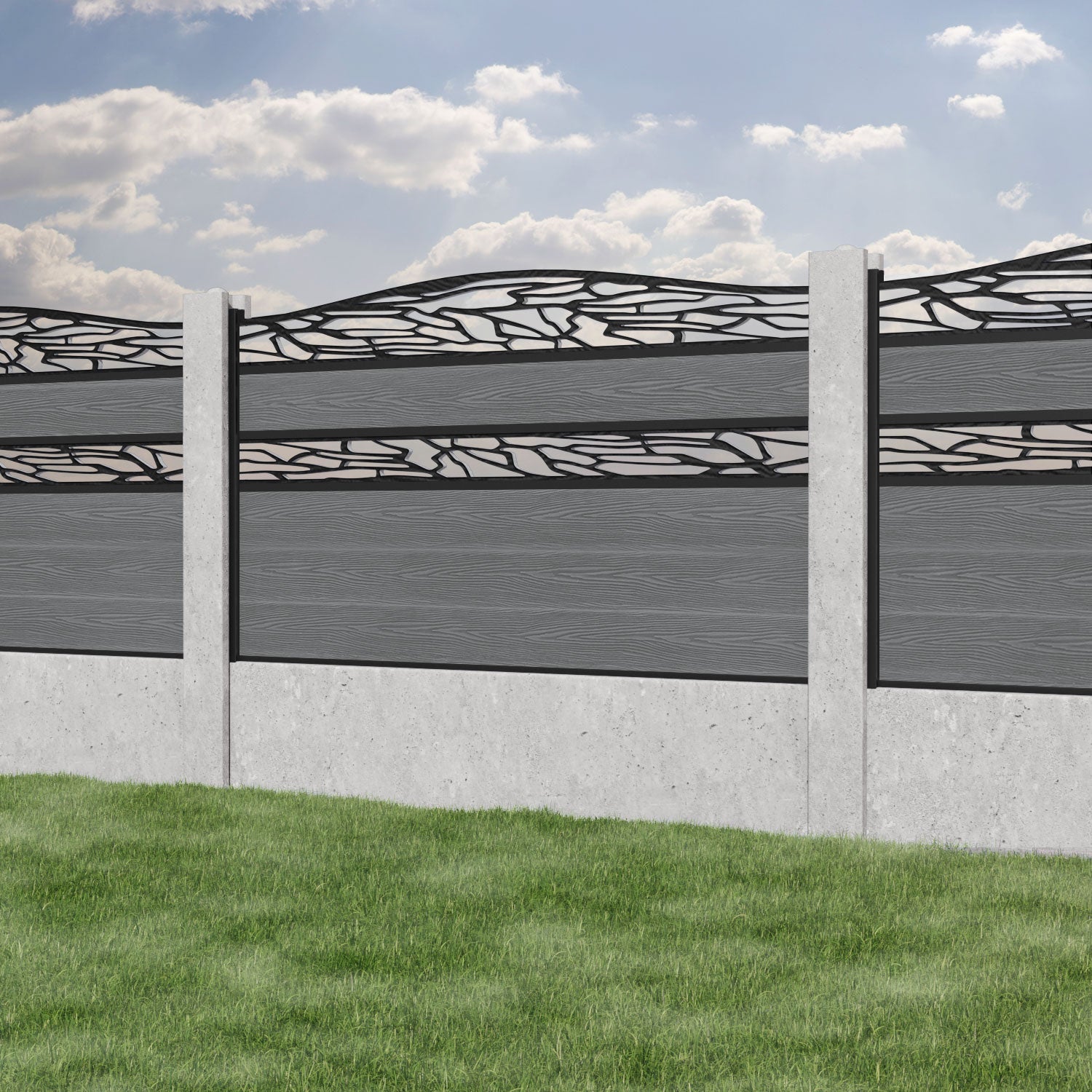 Classic Shatter Curved Top Split Screen Fence Panel - Mid Grey - for existing concrete posts