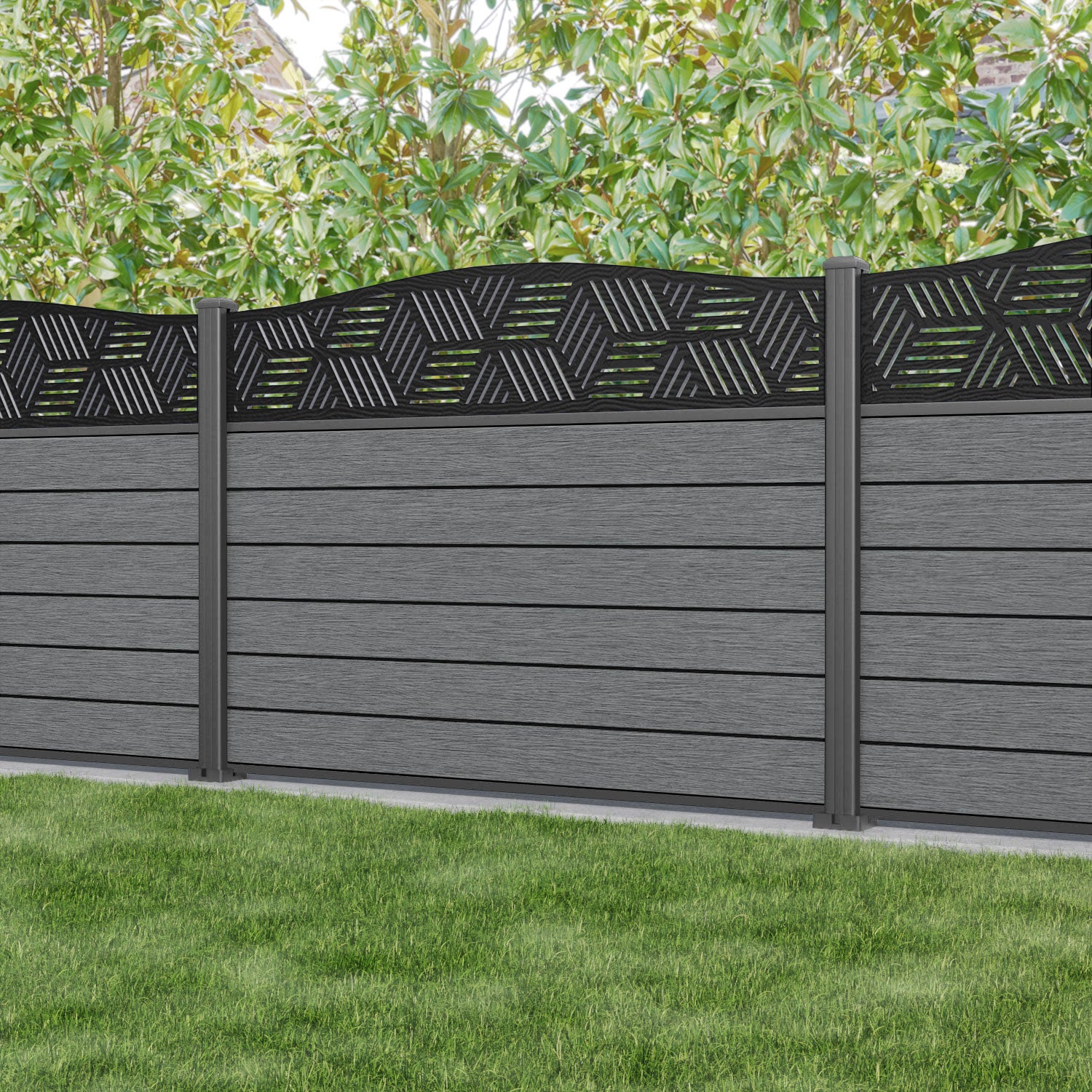 Fusion Cubed Curved Top Fence Panel - Mid Grey - with our aluminium posts