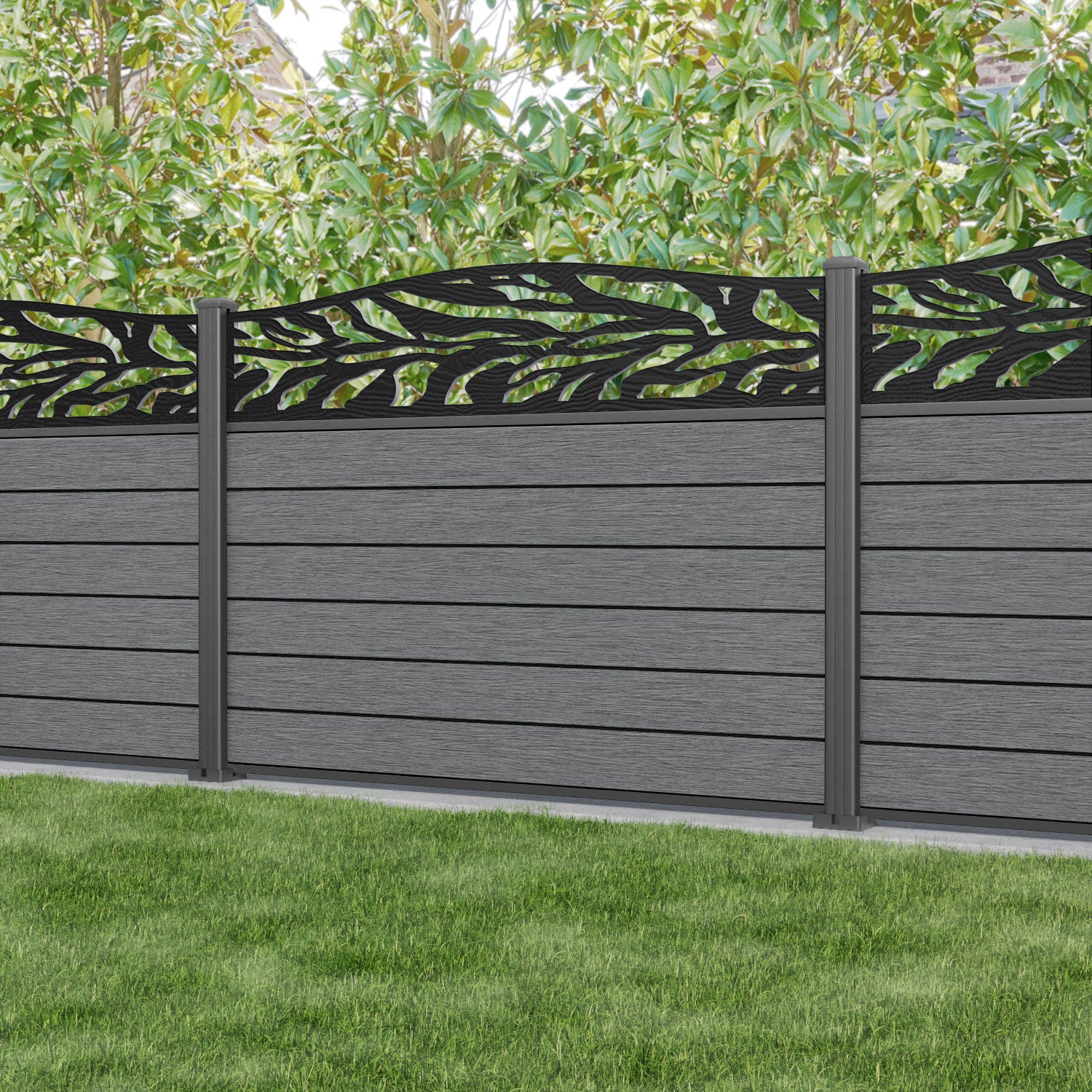 Fusion Malawi Curved Top Fence Panel - Mid Grey - with our aluminium posts
