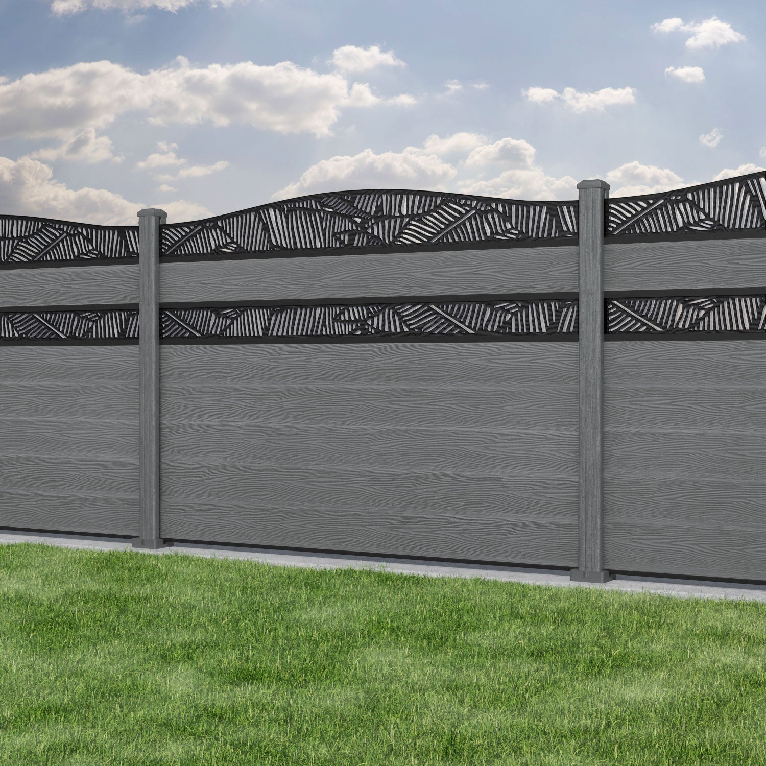 Classic Feather Curved Top Split Screen Fence Panel - Mid Grey - with our composite posts