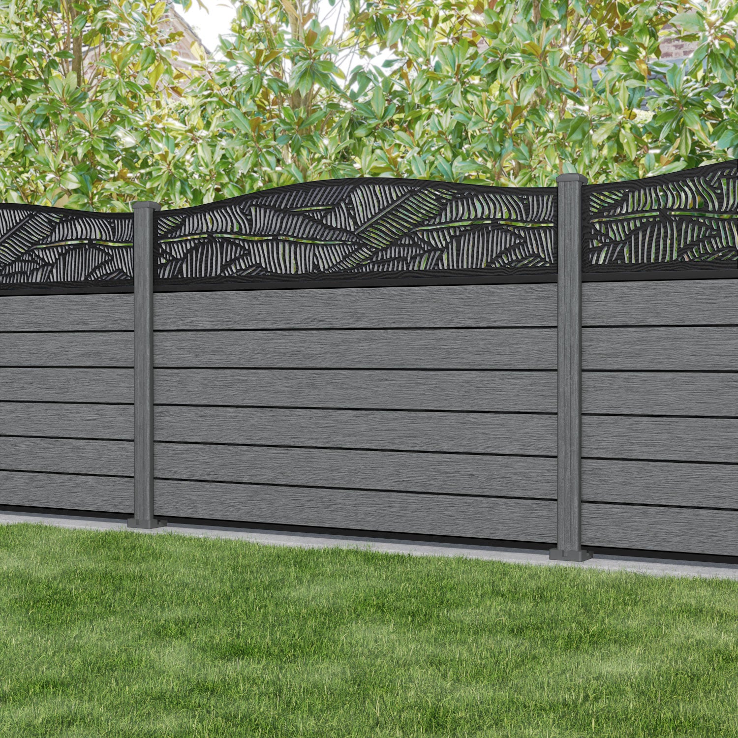 Fusion Feather Curved Top Fence Panel - Mid Grey - with our composite posts