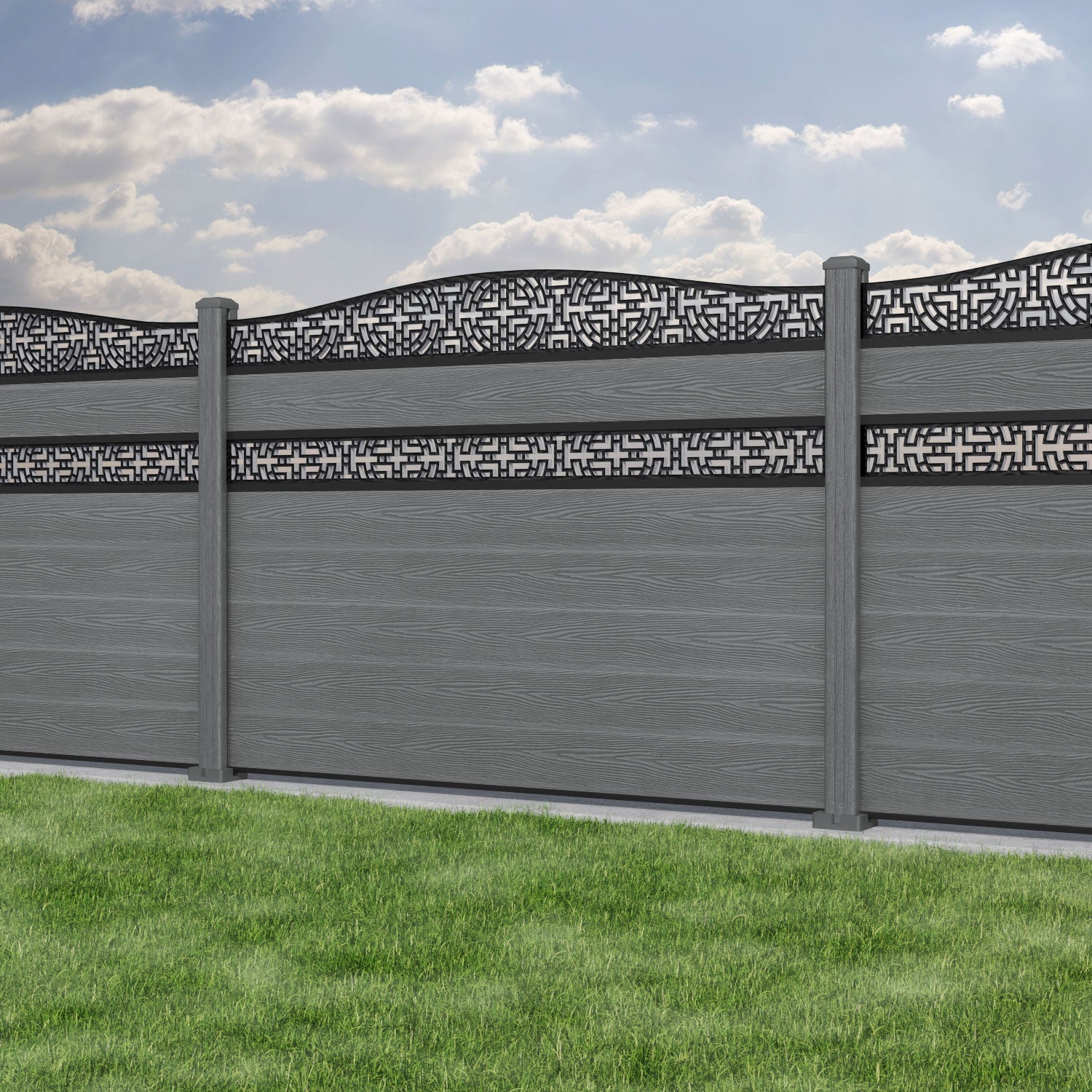 Classic Kumo Curved Top Split Screen Fence Panel - Mid Grey - with our composite posts